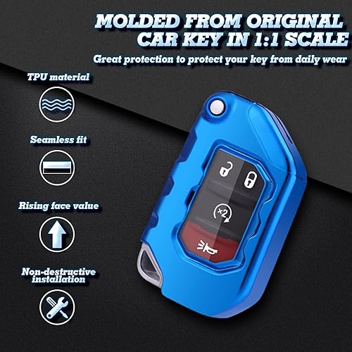 Miniatura 3 de Xotic Tech - Carcasa para llavero de TPU azul con llavero compatible con Jeep Gladiator JT Sahara JLU Wrangler JL JLU Rubicon 2, 3, 4 botones y