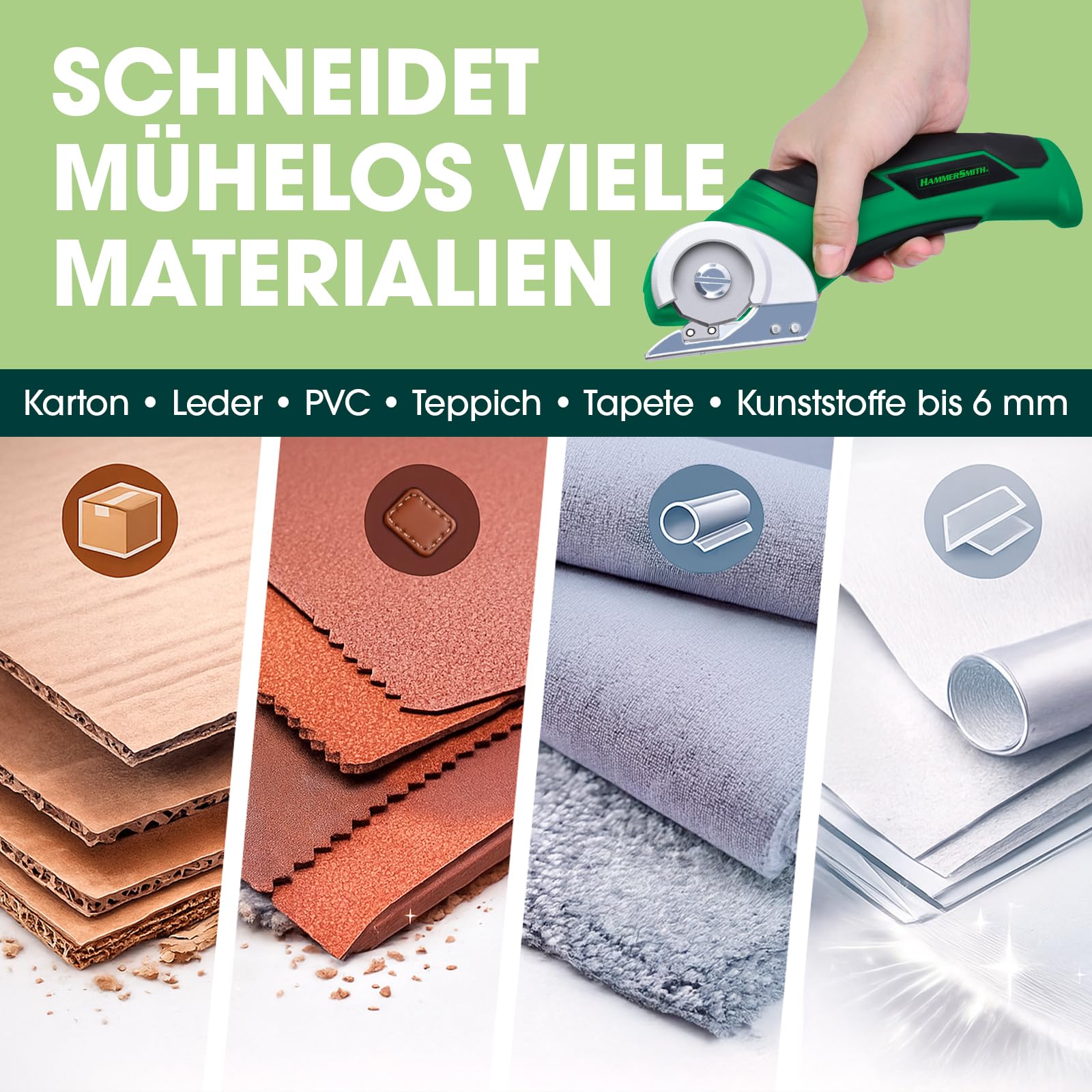 Hammersmith SharpSpin - Elektrische Schere kabellos - Kartonschneider, Akku Schere für Karton, Stoff, Leder, Teppich, PVC & Kunststoff - selbstschärfende Klinge - präzise Schneiden ohne Kraftaufwand