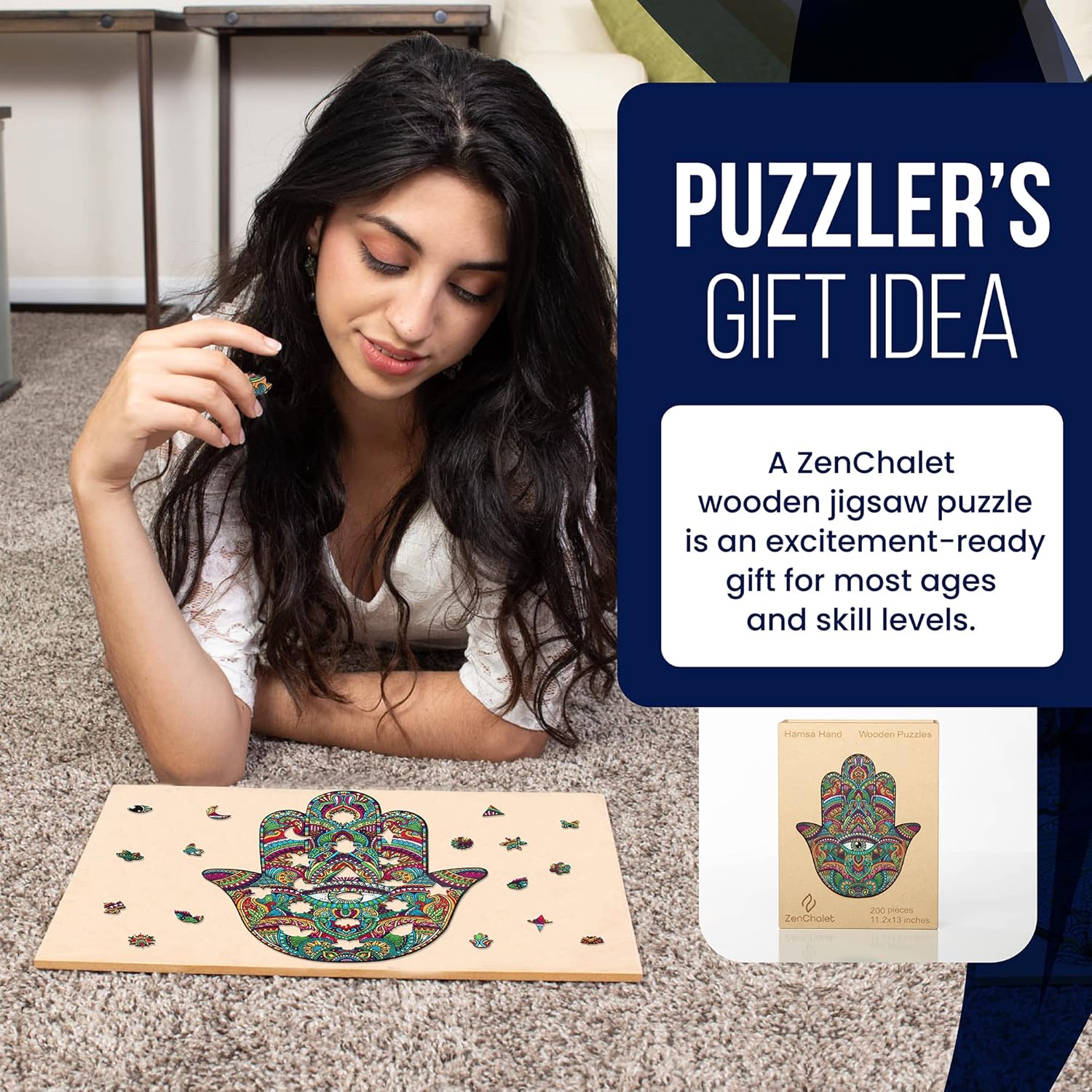 ZenChalet 200 Pcs Hamsa Hand Shaped Wooden Jigsaw Puzzle for Adults - 11.2 x 13 Inches Wood Cut Puzzle Box with 18 Uniquely-Shaped Pieces – Challenging Unique Shaped Jigsaw Puzzle : Toys & Games