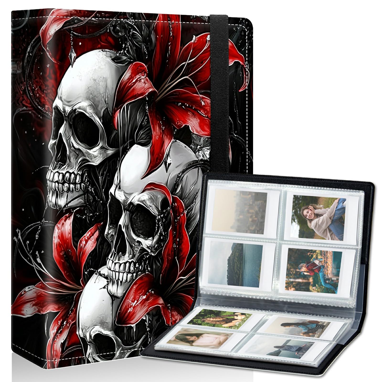 DIGTIALL 8.58x6.89 Inch Photo Album Skulls Flower Theme PU Leather Cover with Elastic Band 32 Sleeves 252 Photos Transparent Pockets Design for Family Anniversary Wedding Baby Pets