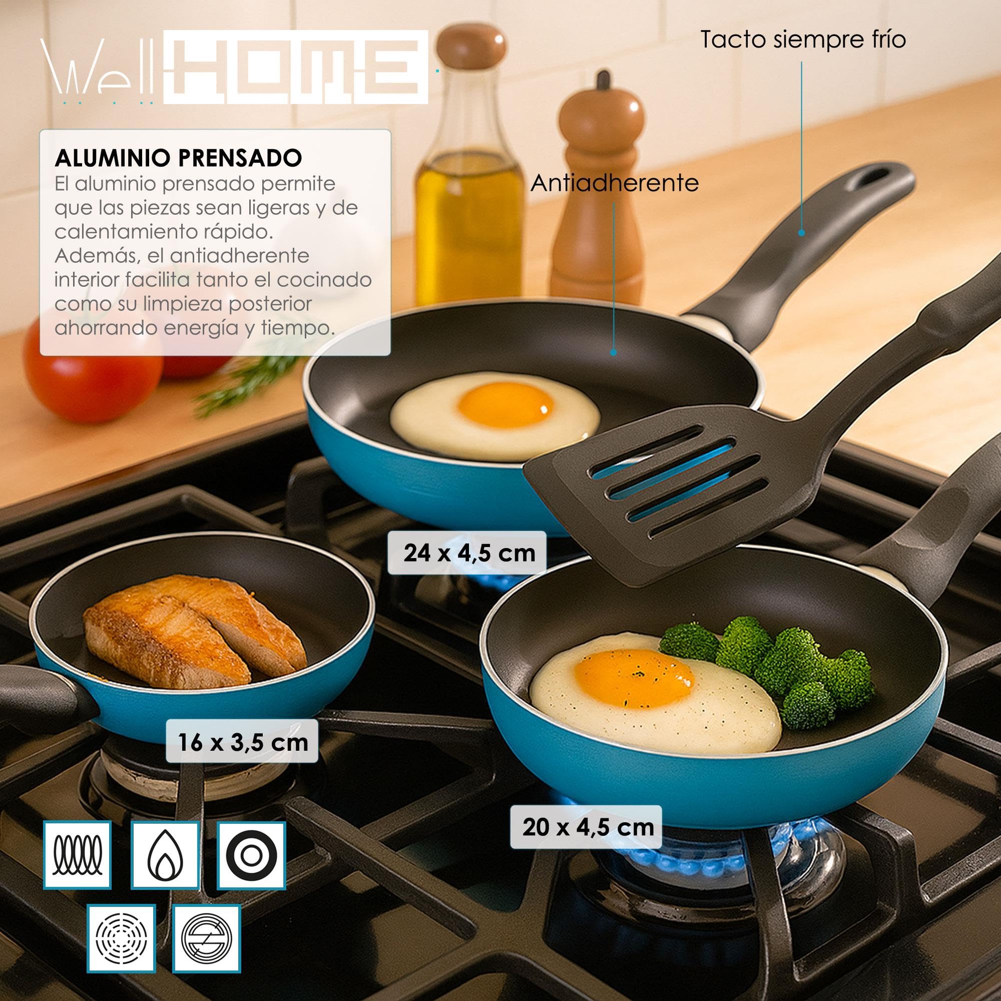 Urban Cook Set de Batería de cocina de 8pc en acero inoxidable + 3 Sartenes Ø16Ø20Ø24cm Azul mate en aluminio prensado