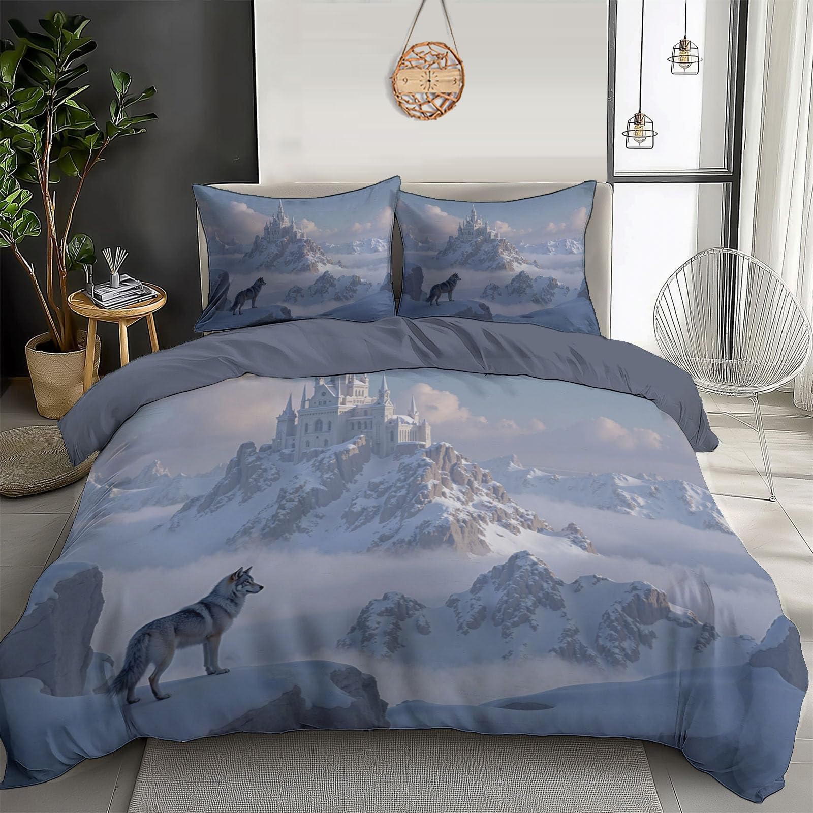 Housse de couette 240x260 loup et châteaux fantastiques en microfibre