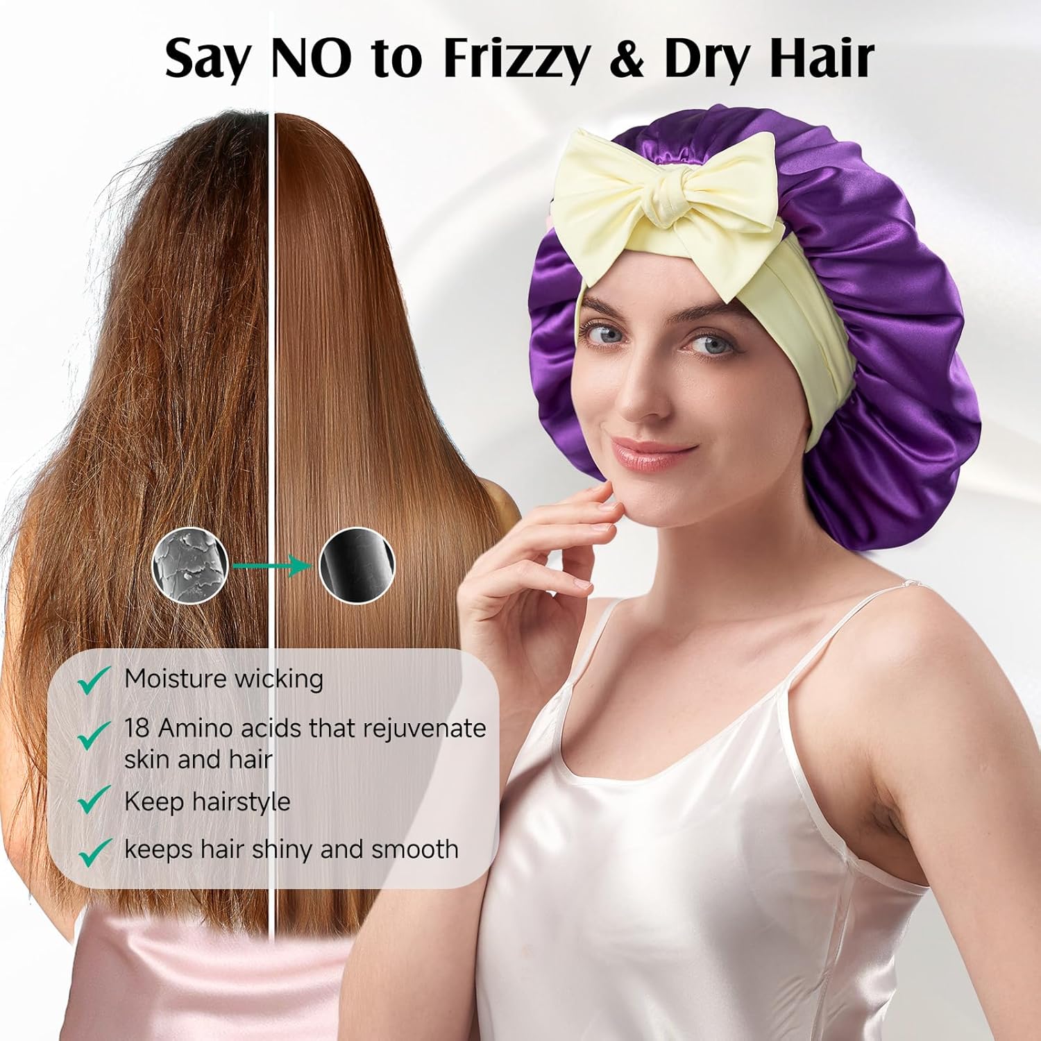 YFONG 100% 22 Momme Mulberry Silk Bonnet for Sleeping Women, Larger Double Layer Silk Hair Wrap for Curly Short Long Hair, Non-Slip Sleep Cap Turban with Elastic Tie Band (Purple & Yellow) - Image 3