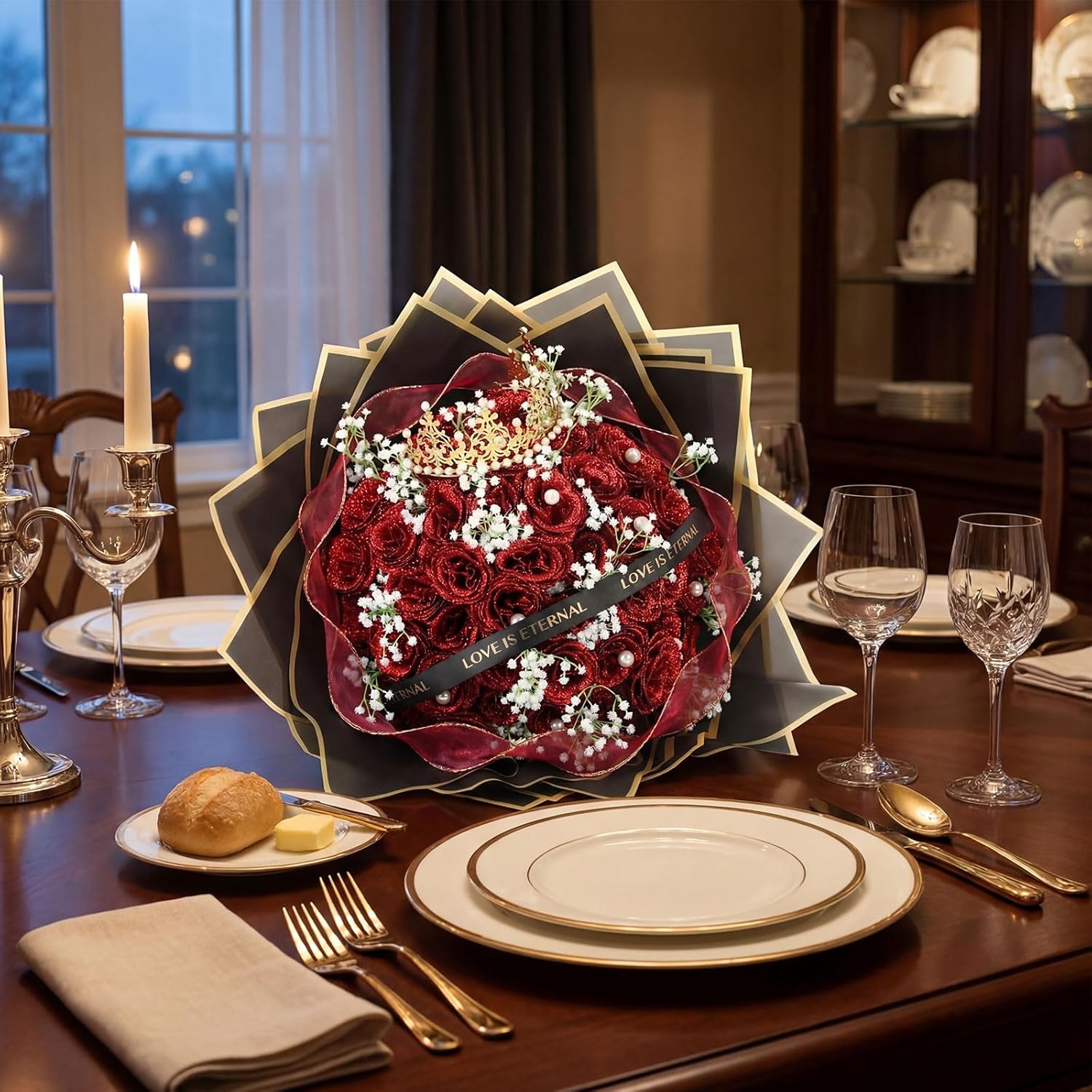 52 Pcs Glittery Roses Bouquet, DIY Fake Flowers Gypsophila Bouquet Artificial Roses Wrapping Paper Crown Ribbon for Christmas Valentines Mother's Day Birthday Wedding Gifts(Red) - Image 2