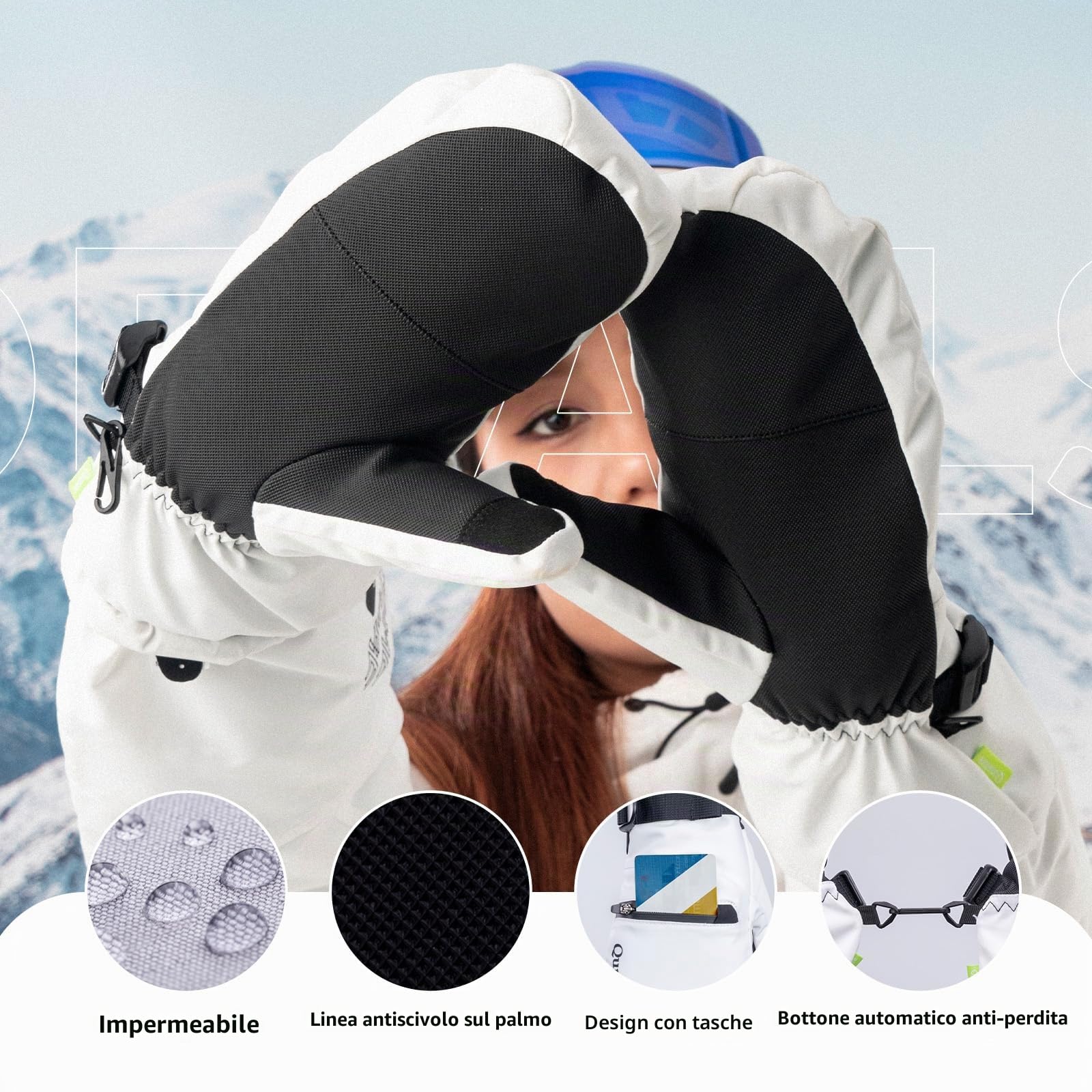 Guanti da Sci Invernali, Guanti a Dita Piene Impermeabili, Guanti Sportivi Antivento Caldo, Funzione Touchscreen, Guanti per Attività all'Aperto Come Sci, Snowboard, Escursionismo