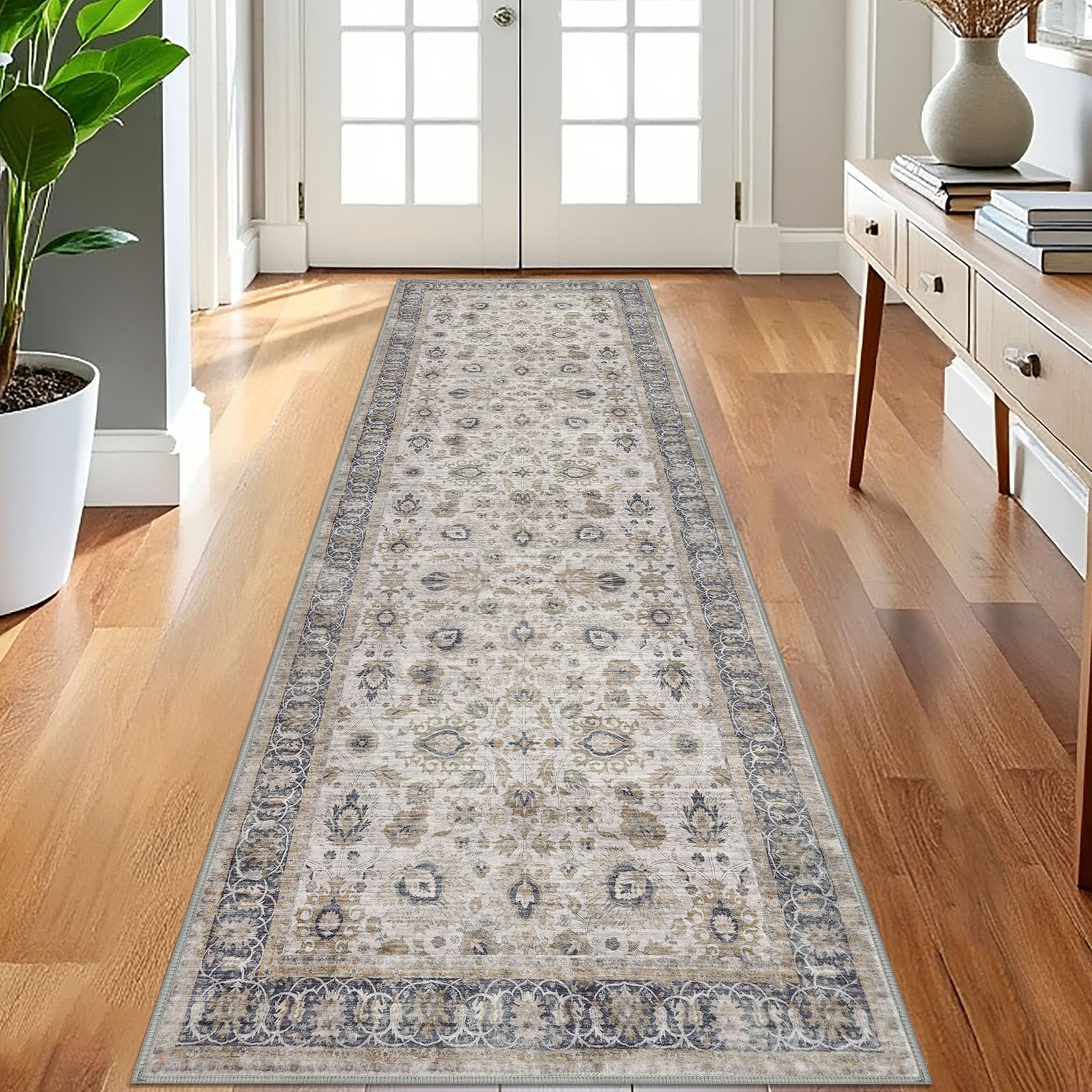 KOZYFLY 3x8 Ft Wide Runner Rug for Hallway Grey/Beige Vintage Washable — image 1