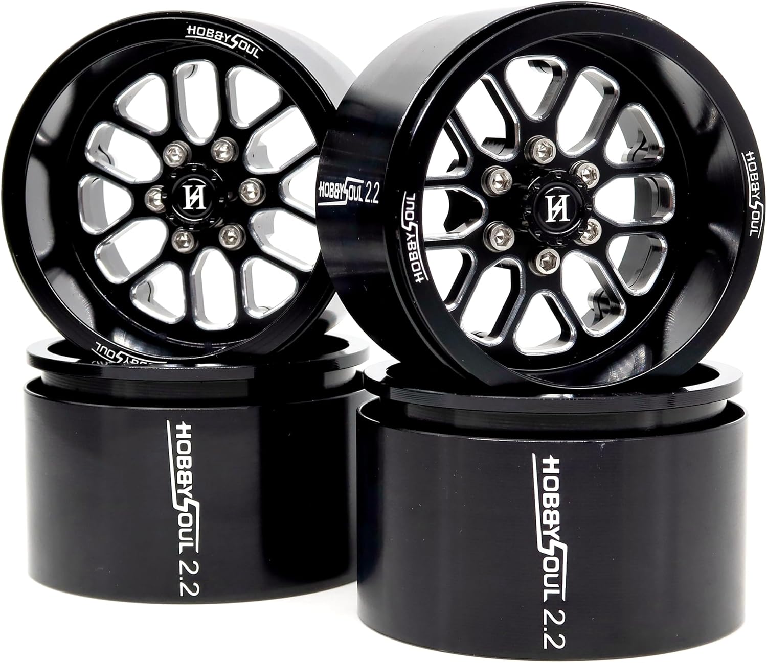 HOBBYSOUL 2.2 Beadlock Wheels -11mm Offset 40mm CNC Aluminum Rims for 1/10 RC Crawlers SCX10 TRX-4 Capra Black 4-Pack