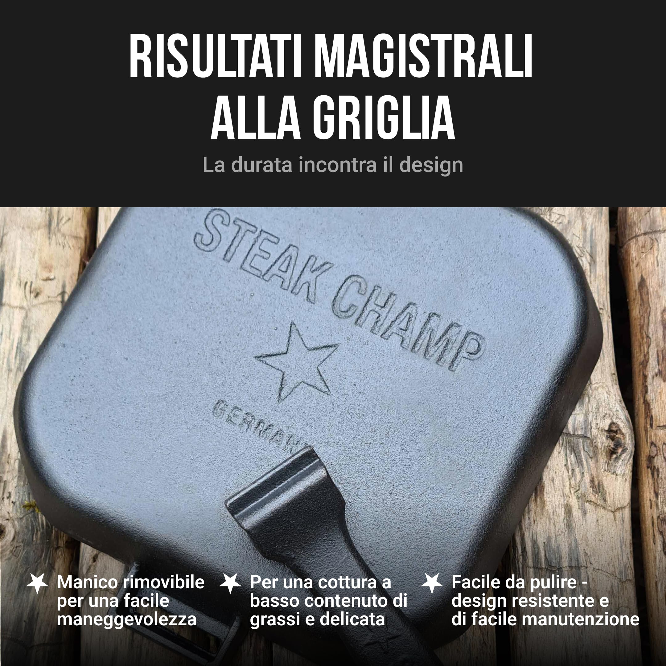 Steakchamp Padella per Grigliare in Ghisa con Manico Rimovibile per Grill, Piano Cottura (Anche a Induzione) e Forno, Adatta come Padella per Servire e Friggere