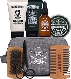 Rinse&Robust Bart-Set zum Spülen 8-teiliges Bart-Pflegeset mit Reisetasche, Eukalyptus-Duft, Bartbürste, Bartkamm, Bartschere, Bartshampoo