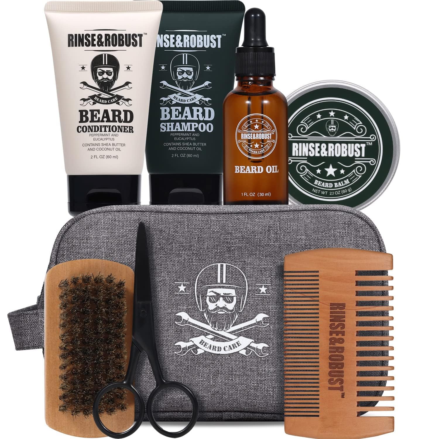Rinse&Robust 8-częściowy zestaw do pielęgnacji brody z torbą podróżną, zapachem eukaliptusa, szczotką, grzebieniem, nożyczkami do brody, szamponem do brody