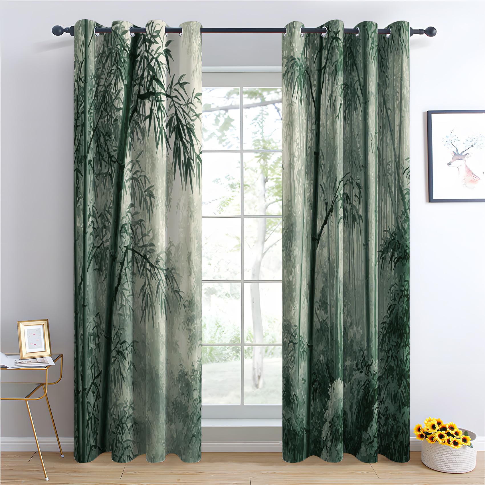 Venivici Japanese Blackout Curtains for Bedroom Living Room - 84 Inch Drop Curtains Eyelet, Zen Oriental Bamboo Patterned Window Treatments, Thermal Insulated Drapes 52x84 2 Panels