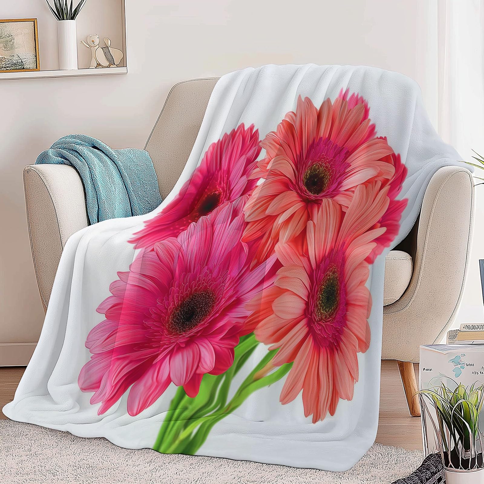 Koc polarowy roślinny Gerbera Pojedynczy koc polarowy, narzuta na sofę polarową, koc na łóżko 2-osobowe, gruby miękki i ciepły pled wysokiej jakości, 220 x 240 cm Biały