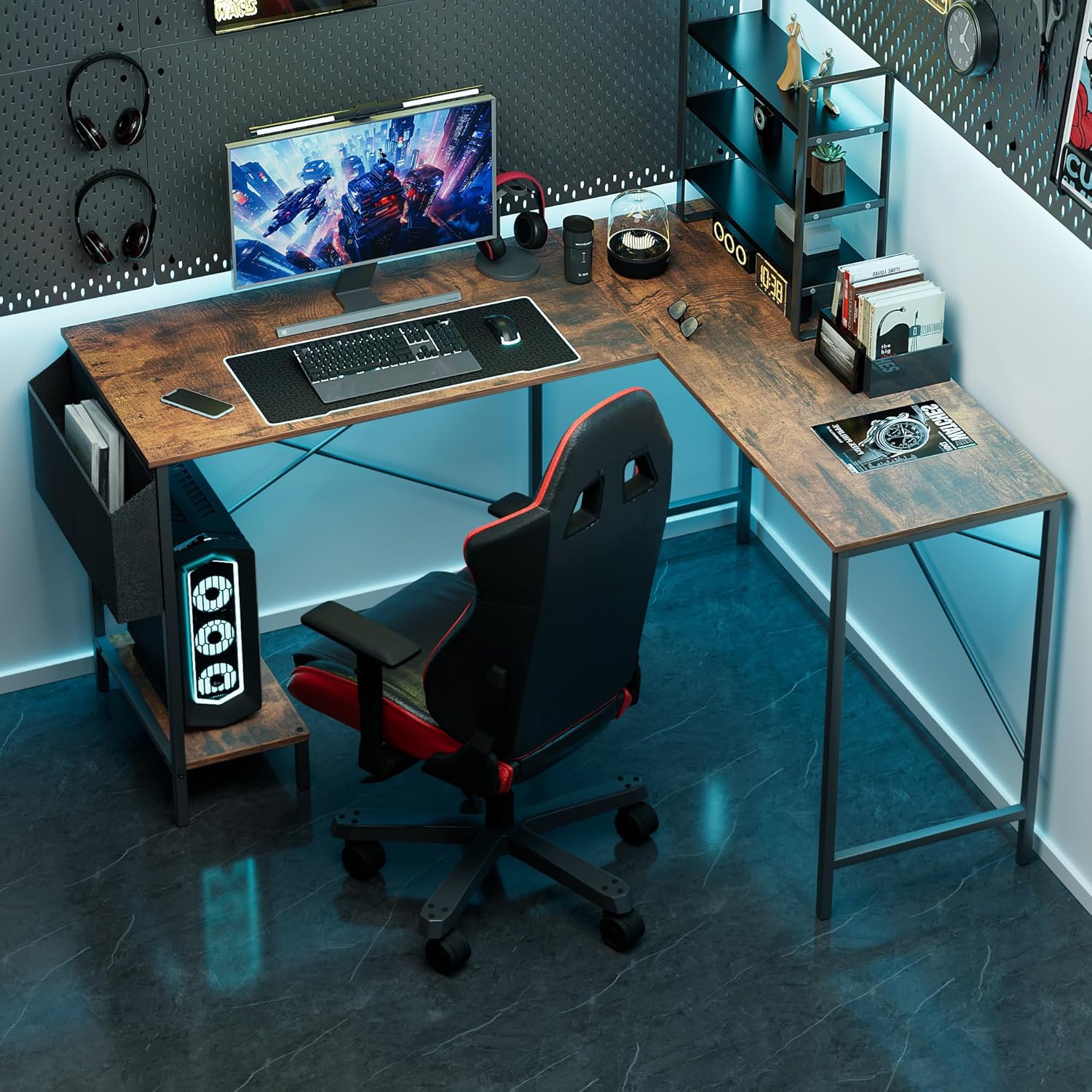 Simple Deluxe L Shaped Desk Gaming Computer 50 Inch Reversible Corner Table PC Work Table for Writing Study Student with Wood Tabletop Metal Frame CPU Stand Side Bag for Home Office Small Place