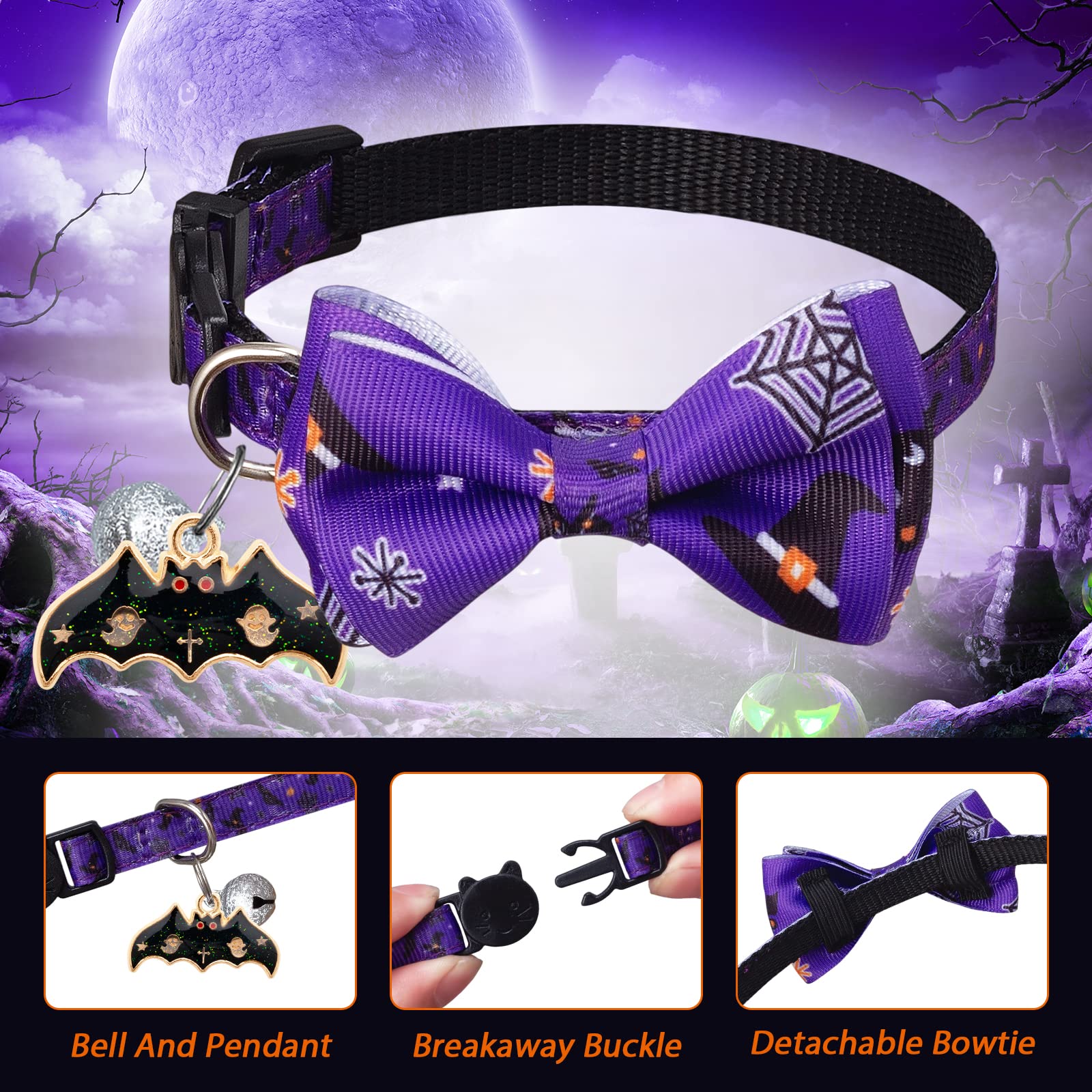 LLHK Halloween-Katzenhalsband mit Fliege und Glöckchen, Breakaway-Kätzchen-Halsband für Mädchen, Jungen, Katzen, verstellbar, 17,8–30,5 cm, für Kätzchen, ausgewachsene Katzen, Haustierbedarf, 4 Stück