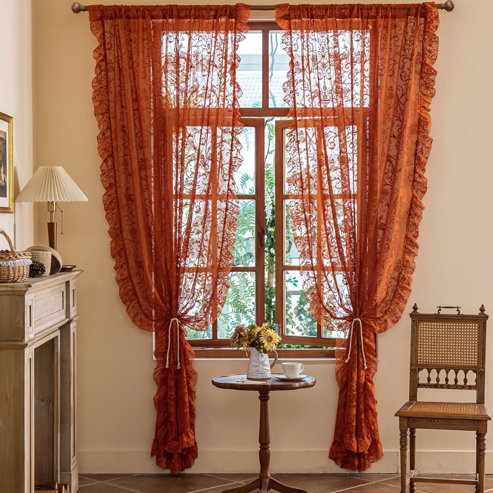 TUDECO Sheer Terracotta Embroidered Floral Ruffle Curtains, Rod Pocket, 59W x 96L, 2 Panels