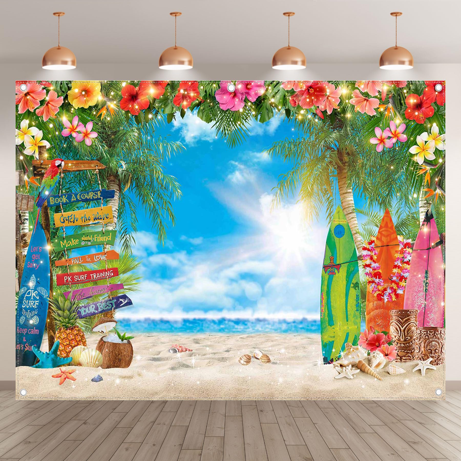 Luminora 2,4 x 1,8 m Été Hawaï Soleil Plage Toile de Fond Fleurs Tropicales Feuilles de Palmier Planche de Surf Fond Aloha Ciel Bleu Mer Décorations de Fête Bannière Photo Booth