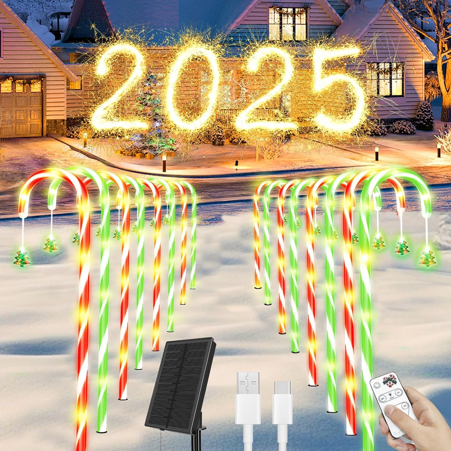 Paquete de 10 Decoraciones navideñas al Aire Libre, Bastones de Caramelo solares para Exteriores, 100 LED Decoraciones navideñas para Exteriores con 8 Modos, Decoraciones solares de Navidad