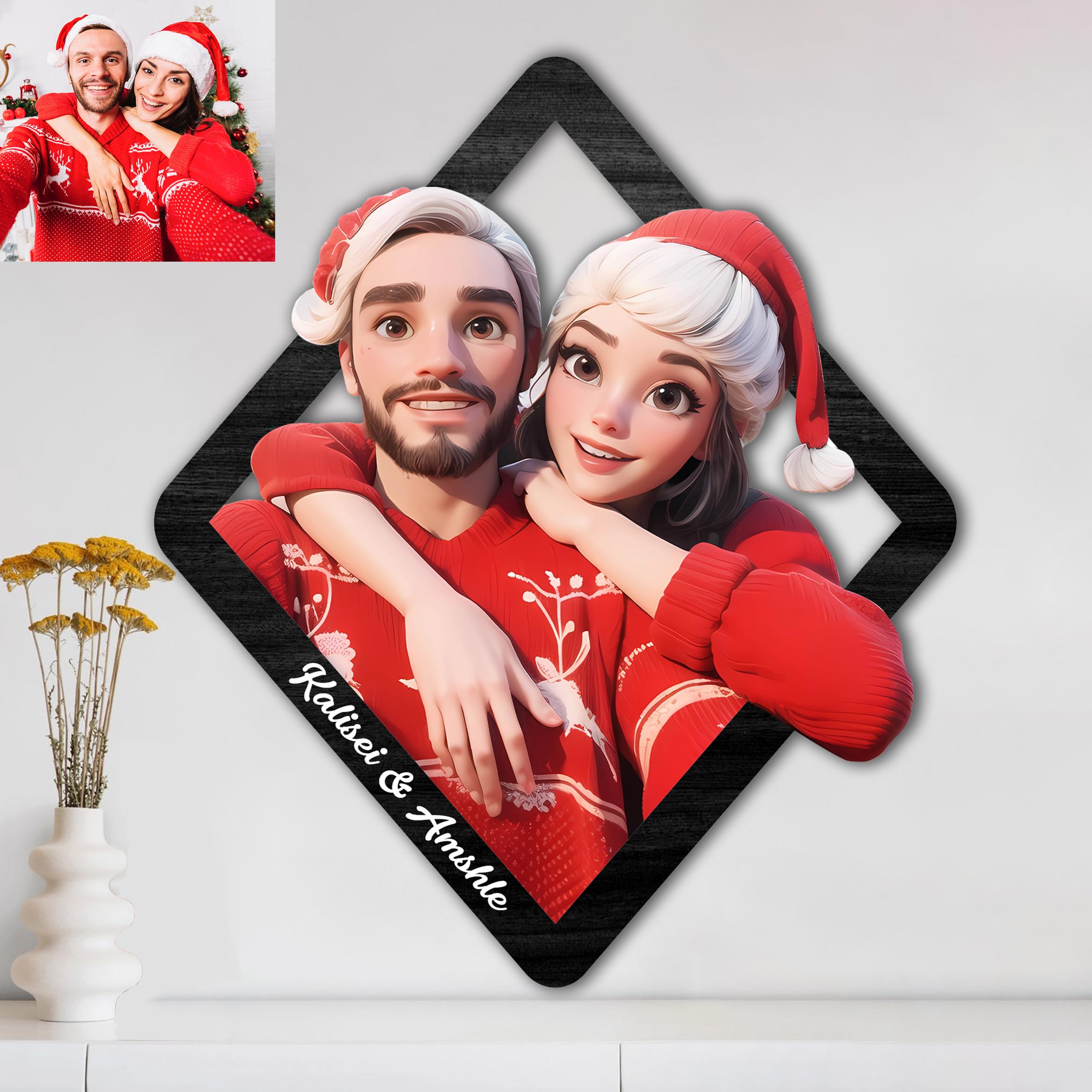 Noonative Diamond Personalized 3D Cartoon Portrait Wooden Photo Frame,Custom Family Photo Wall Art Plaque Sign Christmas Anniversary Birthday Gift For Family Boyfriend Girlfriend