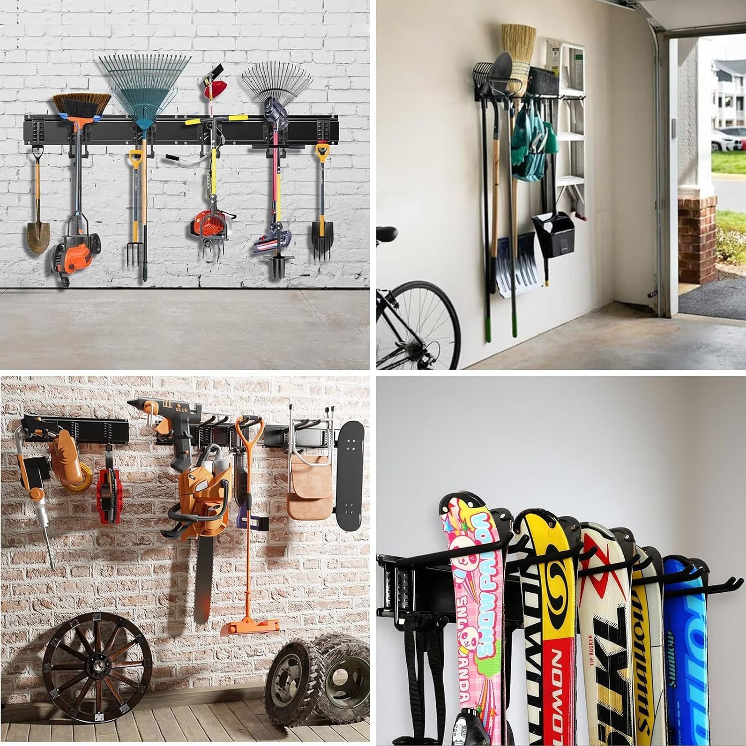 Porte Outils Mural Premium - Range Outils de Jardin avec 6 Crochets Réglables, Support Balais Mural pour Garage/Jardin - Organisation du Garage en Acier Robust