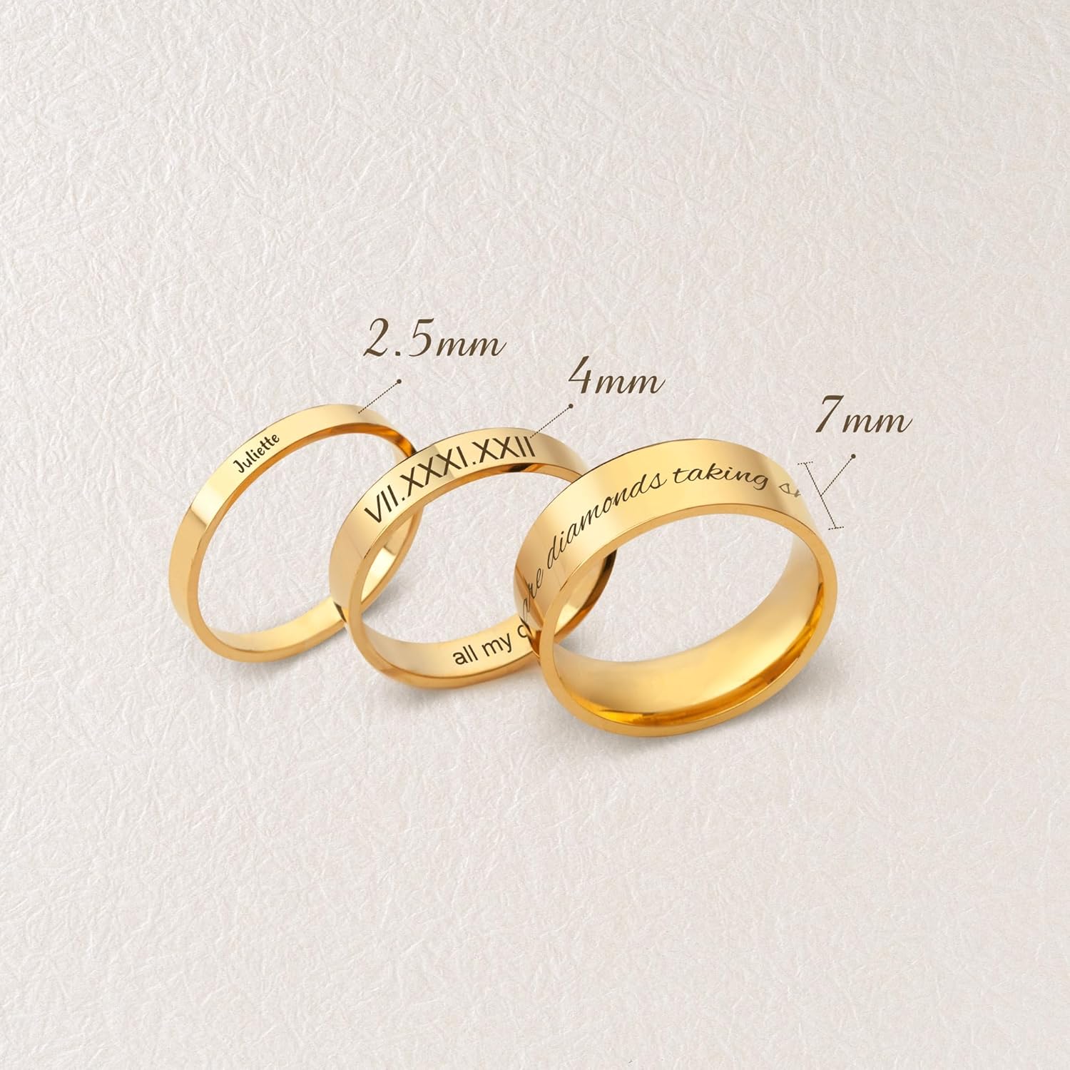 Anavia Personalized Name Date 2.5MM/4MM/7MM Stainless Steel Rings, Customized Message Dainty Plain Bands Glossy Gold Black Rings, Wedding Engagement Rings for Women Men