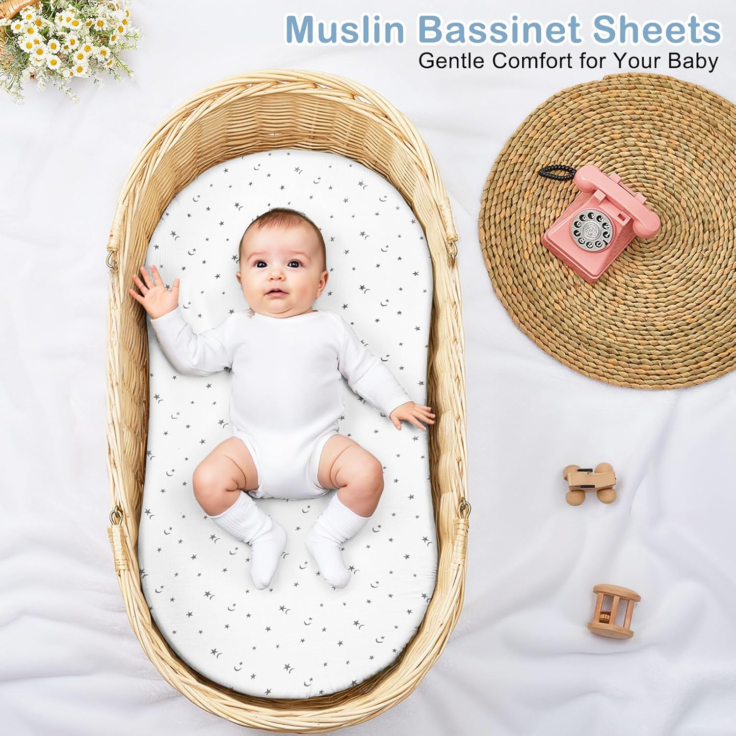 Basumee Muslin Bassinet Sheets for Baby Girl Boy 2 Pack Soft Breathable Baby Bedside Bassinet Fitted Sheets with Bottom Elastic Band Mattress Cover for Rectangle Oval Hourglass Bassinets - Image 3