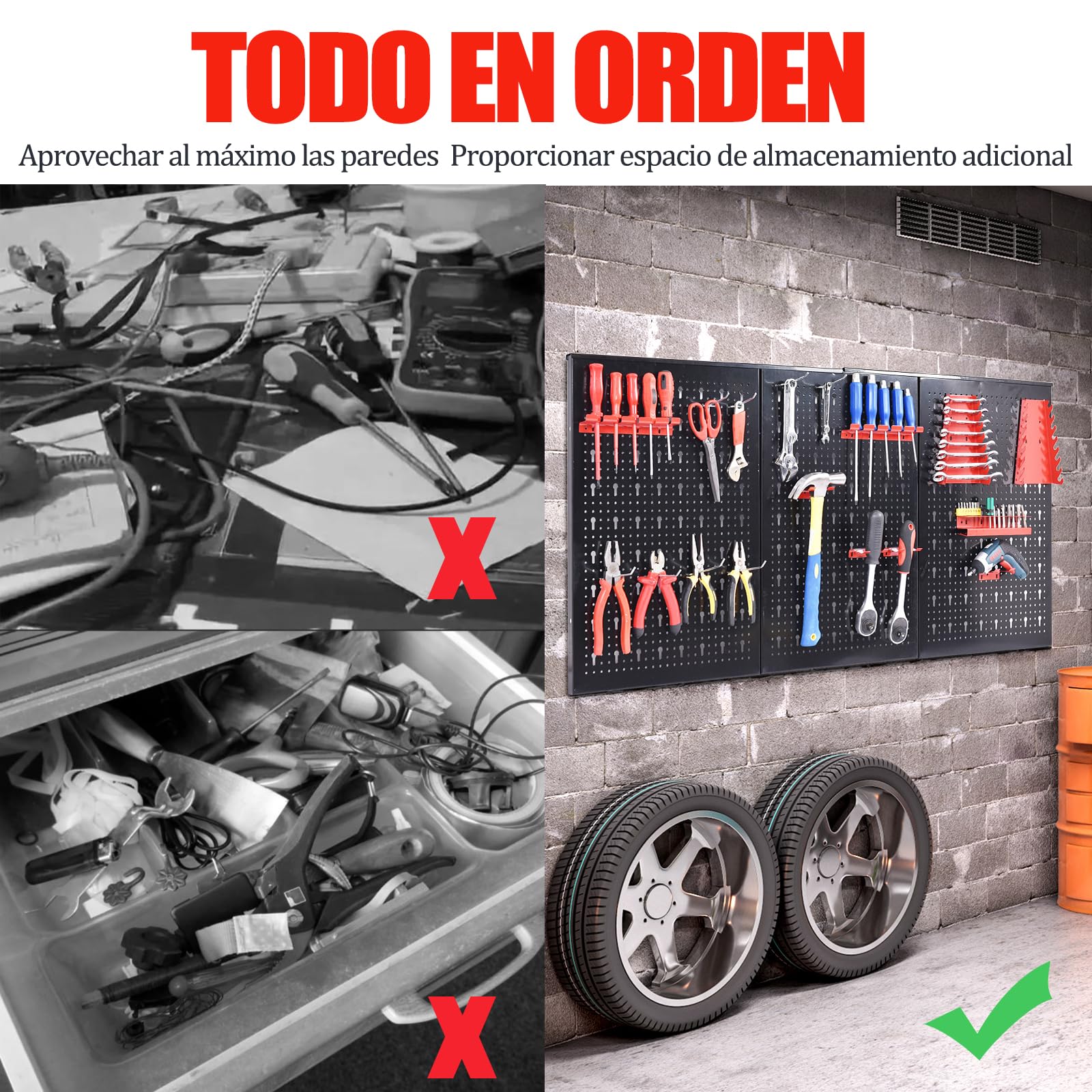 SOARS Pegboard Metal 120 x 60cm, Organizador de Herramienta de Pared, con 20 Accesorios para Taller y Garaje