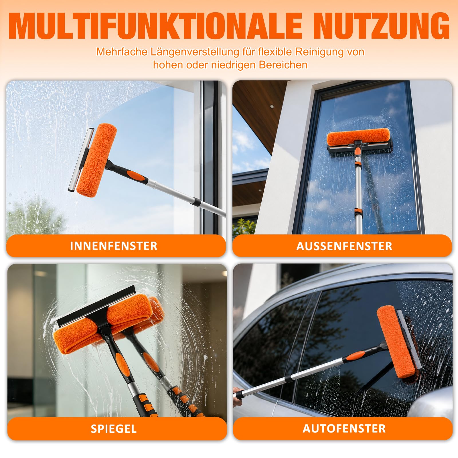 LAANPOLE 9m Fensterputzer Teleskop, 2-in-1 Fensterabzieher für die Fensterreinigung, Fensterwischer mit Teleskopstiel für den Außen- und Innenbereich