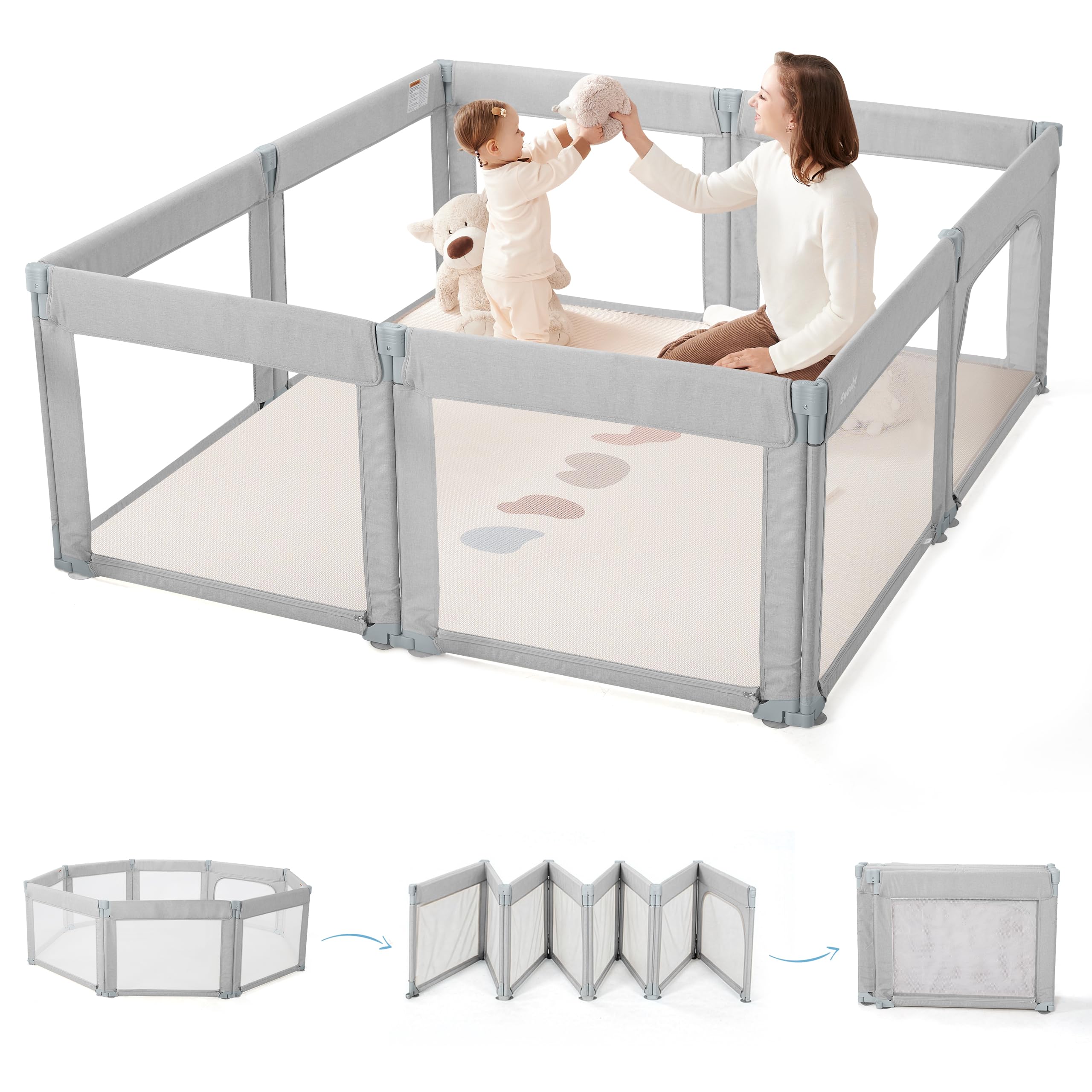 Sweeby Foldable Baby Playpen, 150 x 150 cm Play Yard with Door, Grey