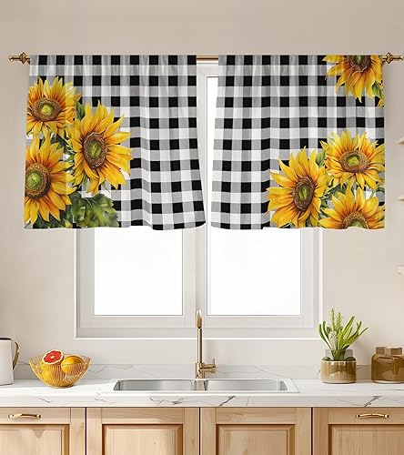 Miniatura 13 de Cortinas de Cocina (2 Piezas) Sobre el Fregadero para Ventana de Baño Café Sótano Cortinas para Cocina Granja Cortina Corta Mini Flor Abeja Verano