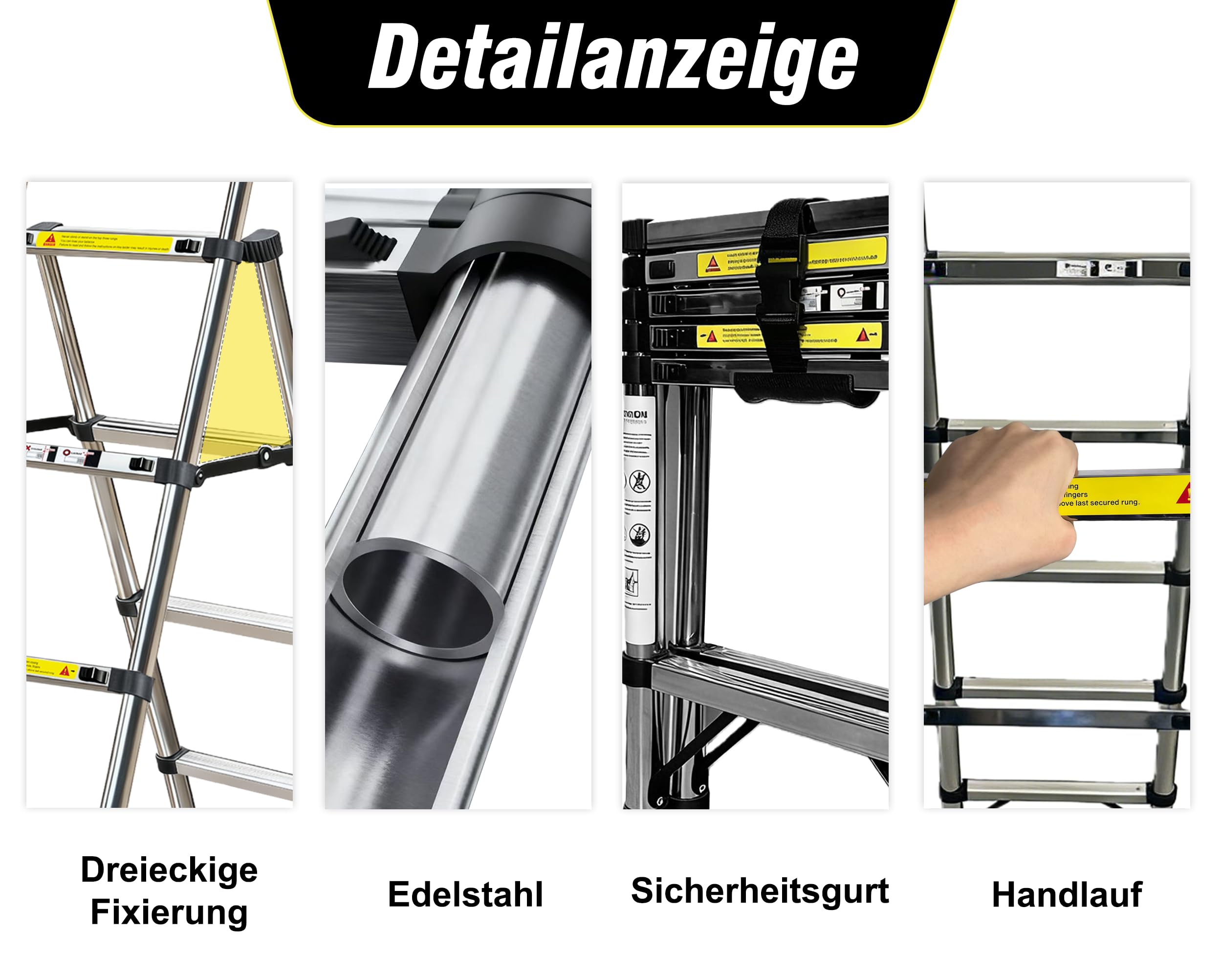 1.7+2m Escalera Plegable de Acero Inoxidable,Escalera 5+6 peldaños,Escalera TelescóPica Estructura en Forma de A,Escalera Extensible Bloqueo de Seguridad Carga máxima de 150 kg