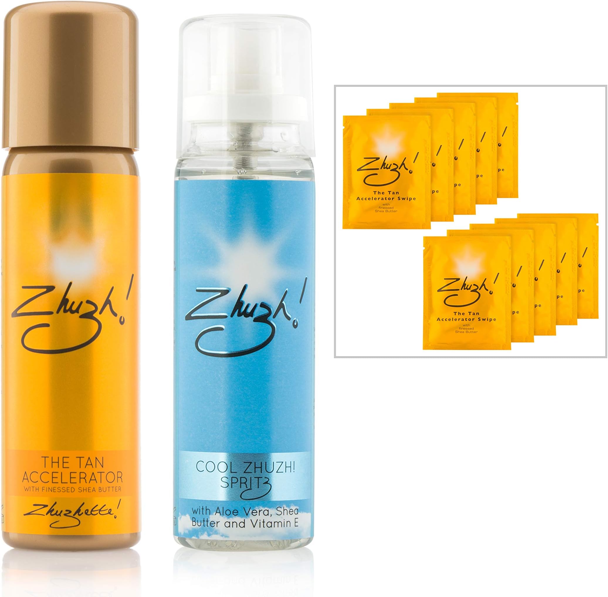 Zhuzh Travel Essentials with Tan Accelerator Lotion 100ml, 10 x Swipes Sachets and Cool Spritz 100ml