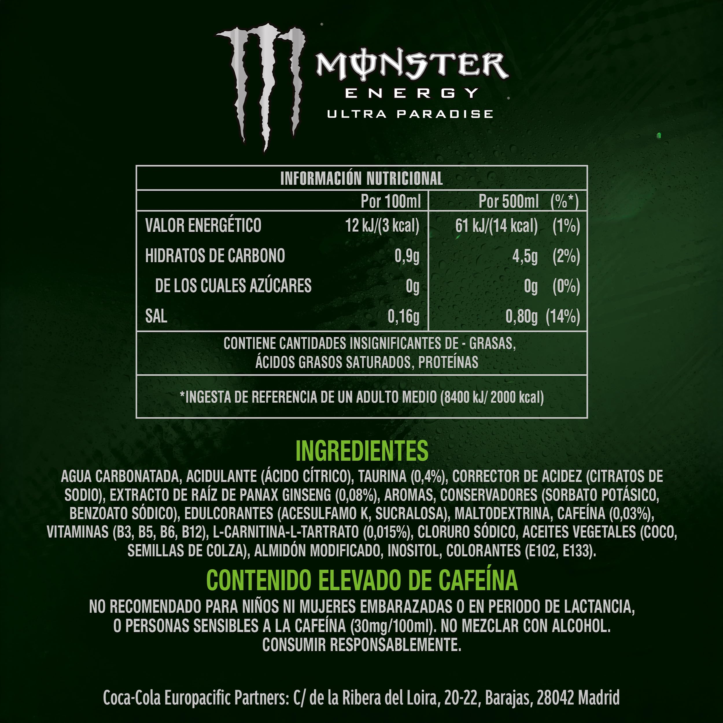 Monster Energy Ultra Paradise Bebida Energética sin Azúcar Pack 12 Latas 500ml