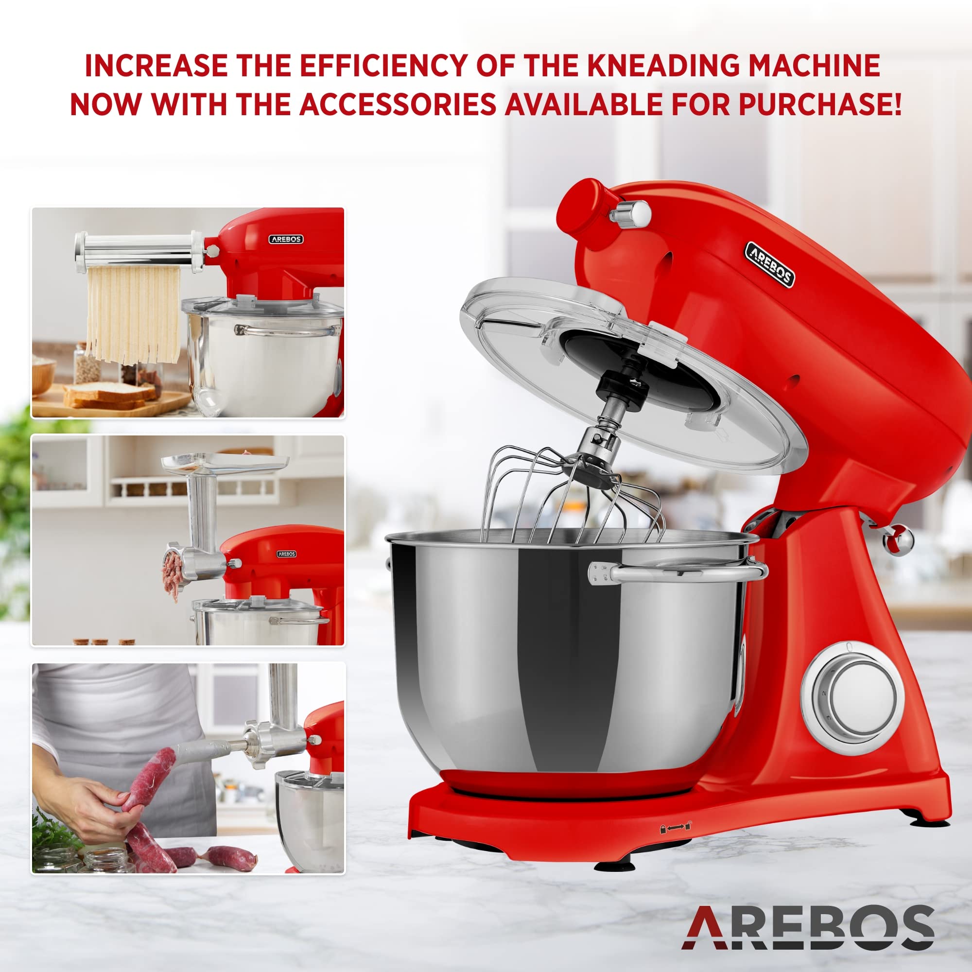 Arebos Profesjonalny robot cukierniczy 1800W Retro | Czerwony |Wielofunkcyjny robot kuchenny z trzepaczką, ubijaczką i haczykiem | Miska ze stali nierdzewnej 6 litrów
