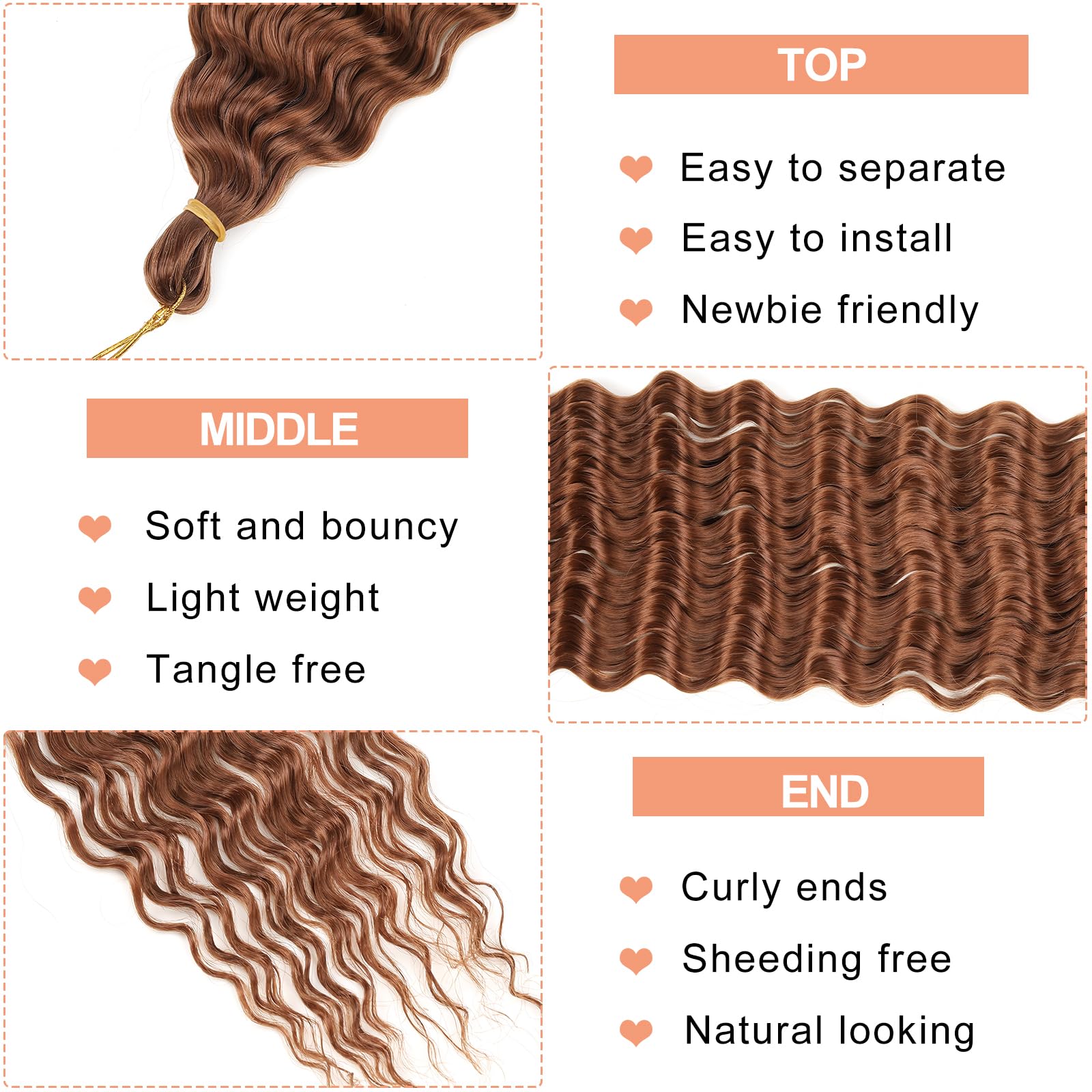 Mscat 24 Inch Ocean Wave 3Pack Crochet hair Extexsions Long Braids Brown Deep wave Synthetic hair Curly Braiding hair for Black Women 30# - Image 3