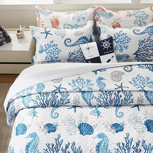 Miniatura 4 de LEAONME Juego de edredón costero tamaño matrimonialqueen, colcha reversible de microfibra ligera, 90 x 98 pulgadas, color azul marino, incluye 2