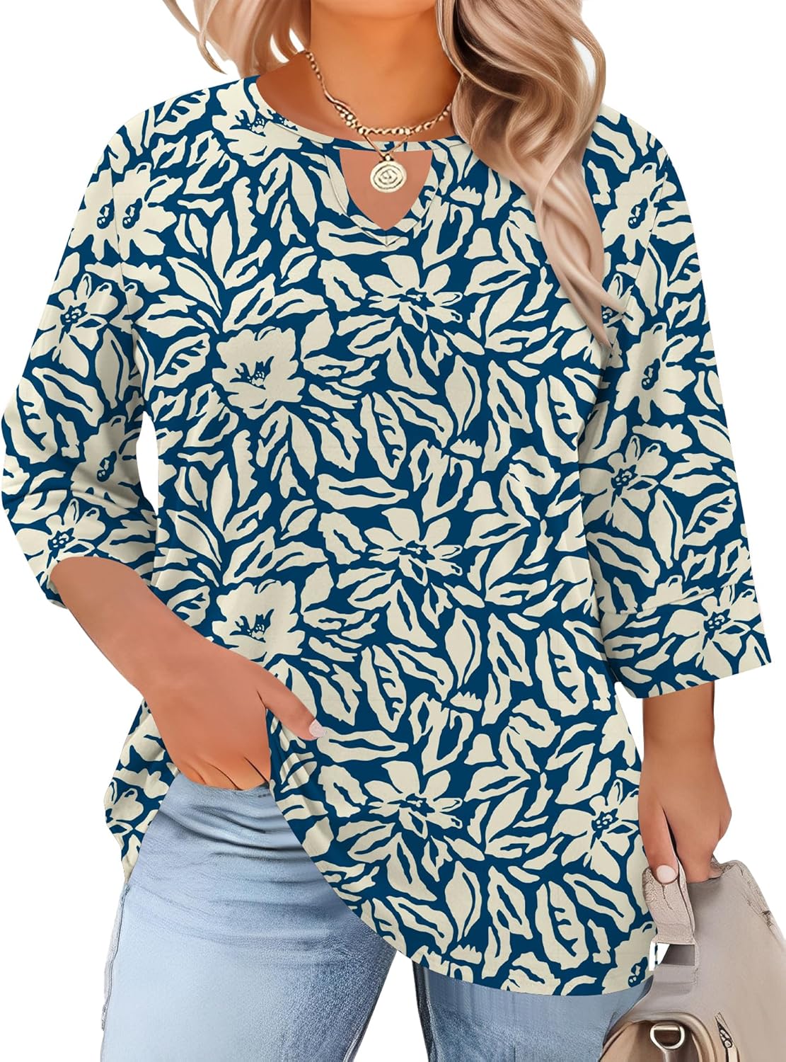 Rapbin Womens Plus Size Tops 3/4 Length Sleeve Shirts Crewneck Dressy Casual Blouses Trendy Keyhole Tunic Top XL-5XL