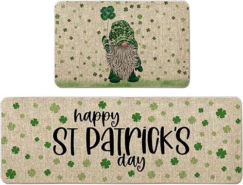 GAGEC Juego de 2 tapetes de cocina para el Día de San Patricio, gnomos de la suerte Sharmrock, para decoración del hogar, cocina, baño, 17 x 27 y 17