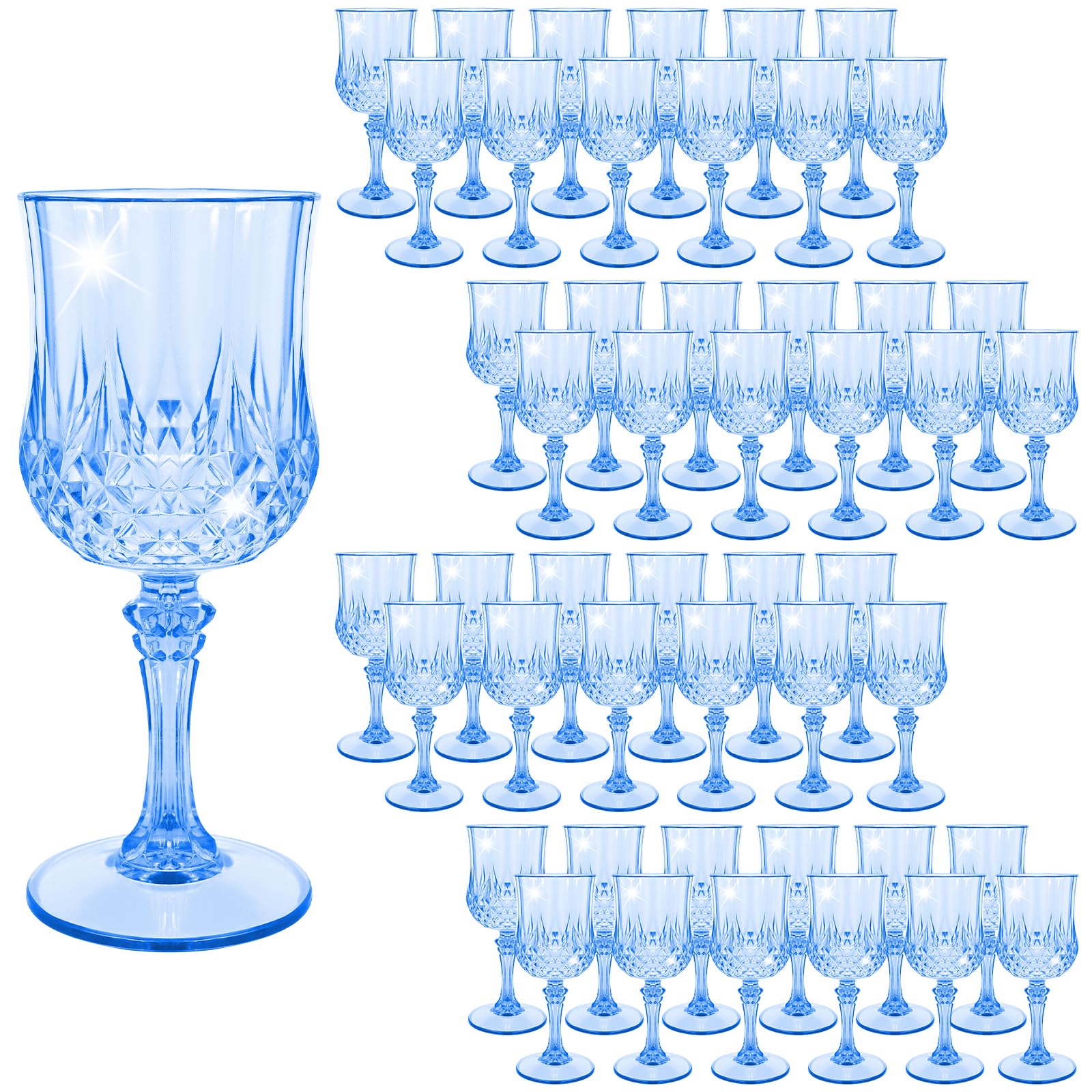 Lot de 48 verres à vin en plastique bleu clair, verres à vin vintage en plastique pour fêtes, verres à eau réutilisables pour réception de mariage, grand événement