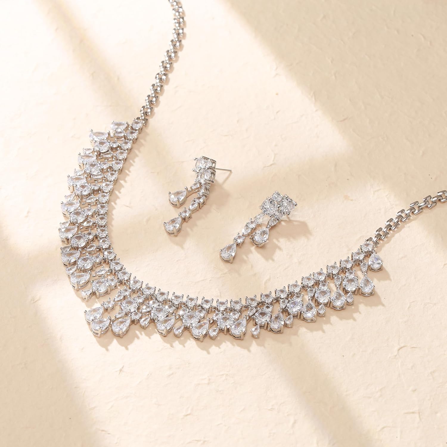 Crysdue Cubic Zirconia Prom Jewelry Set for Women Brides, Sparkle Birthstone Cluster Collar Statement Necklace Teardrop Dangle Earrings for Wedding Party - Image 4