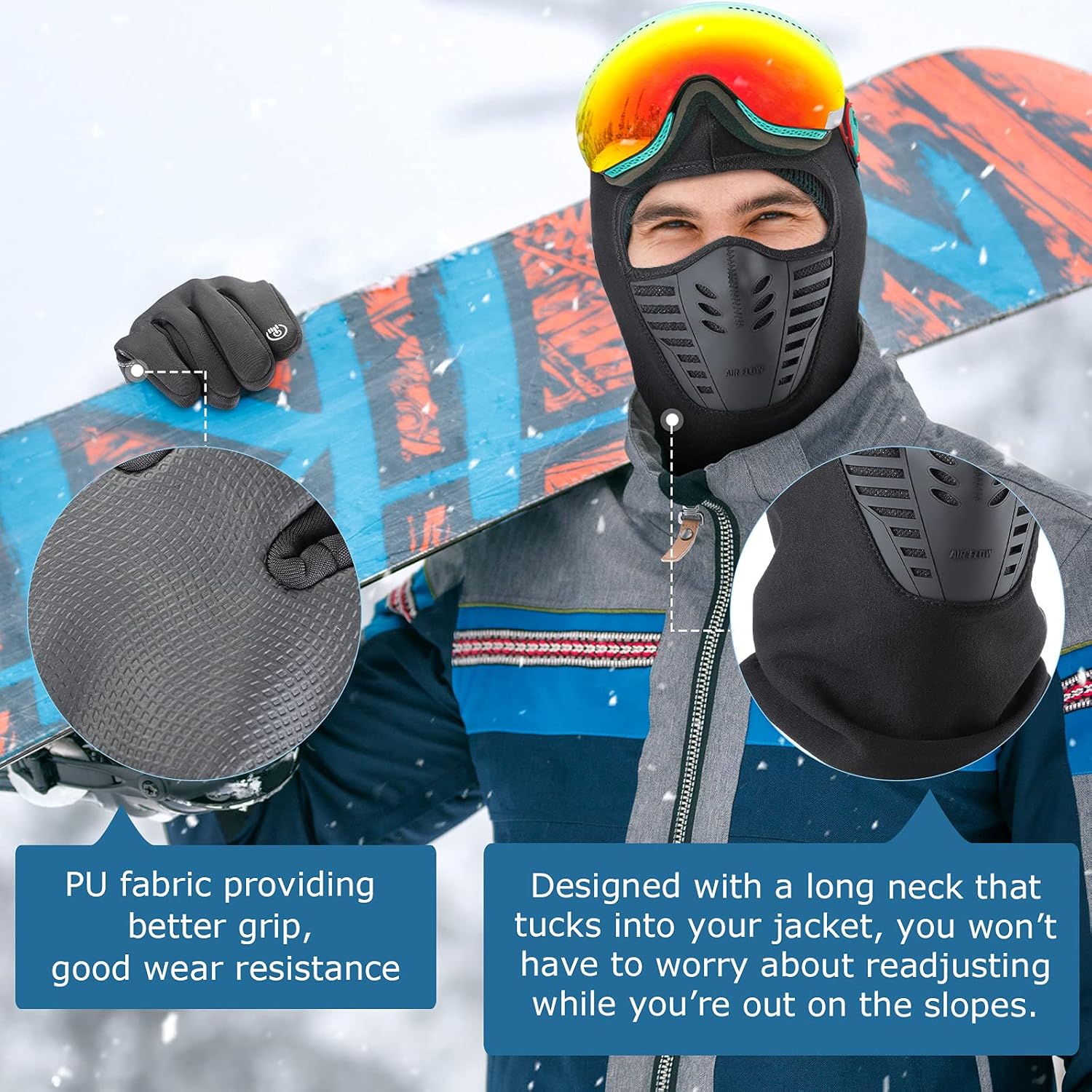 Winter Balaclava Face Mask Ski Gloves Full Face Mask Breathable Face Cover Touch Screen Gloves for Men Women Riding (Black) : Clothing, Shoes & Jewelry