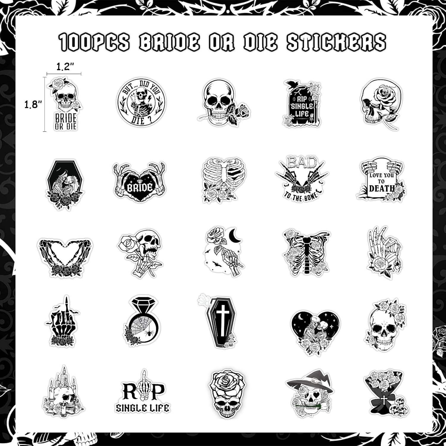 Serencatcher Bride or Die Wedding Stickers, 100Pcs Till Death Do Us Party Bachelorette Decorations Goth Stickers for Rip Single Life Engagement Party Bridal Shower Decorations Gothic