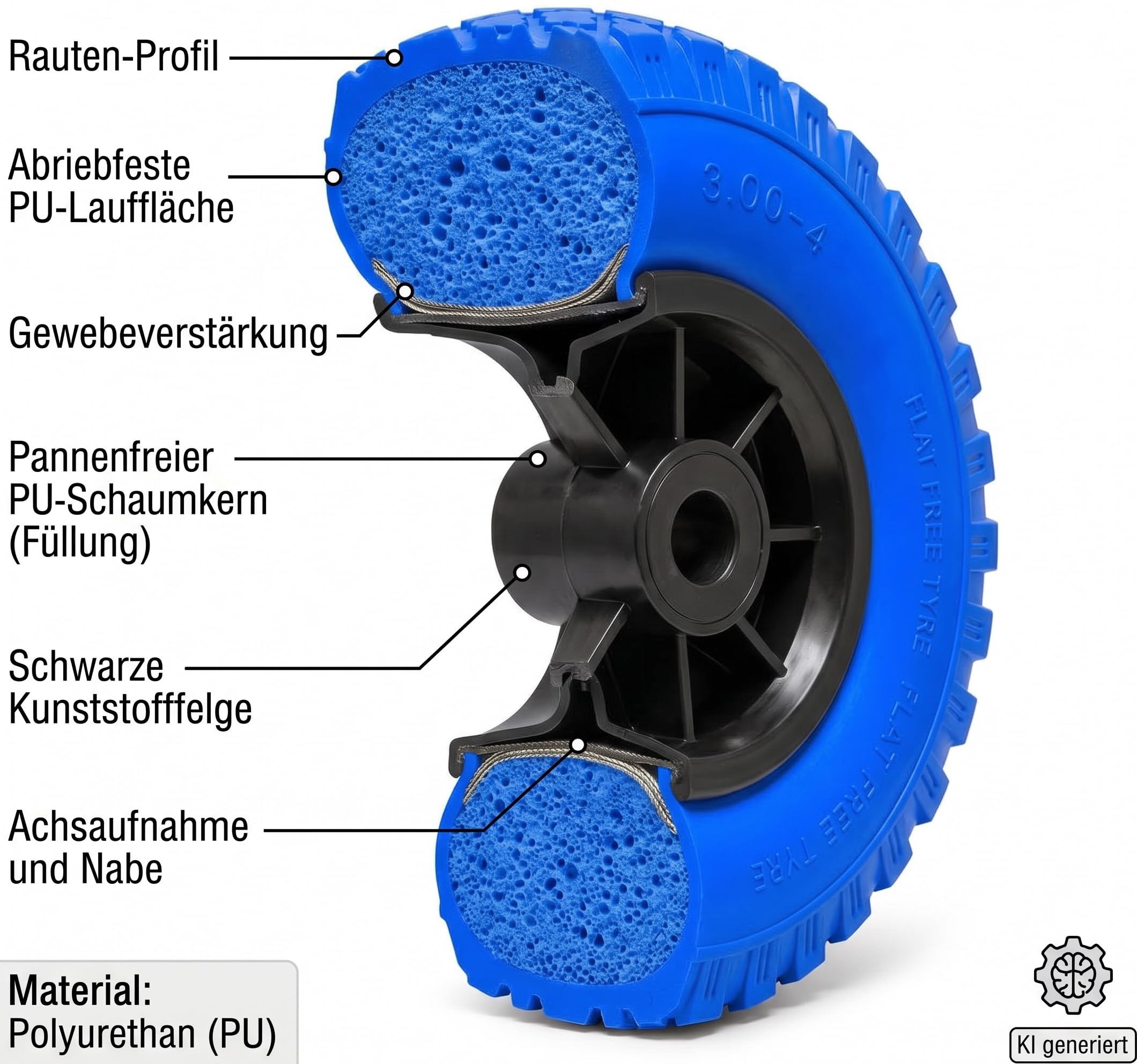 Sackkarrenrad 3.00-4 PU Pannensicher (4er Set) – Blaue Ersatzräder mit schwarzer Kunststofffelge – Vollgummi Reifen für Handwagen, Sackkarren & Bollerwagen – Unplattbar, blau/schwarz