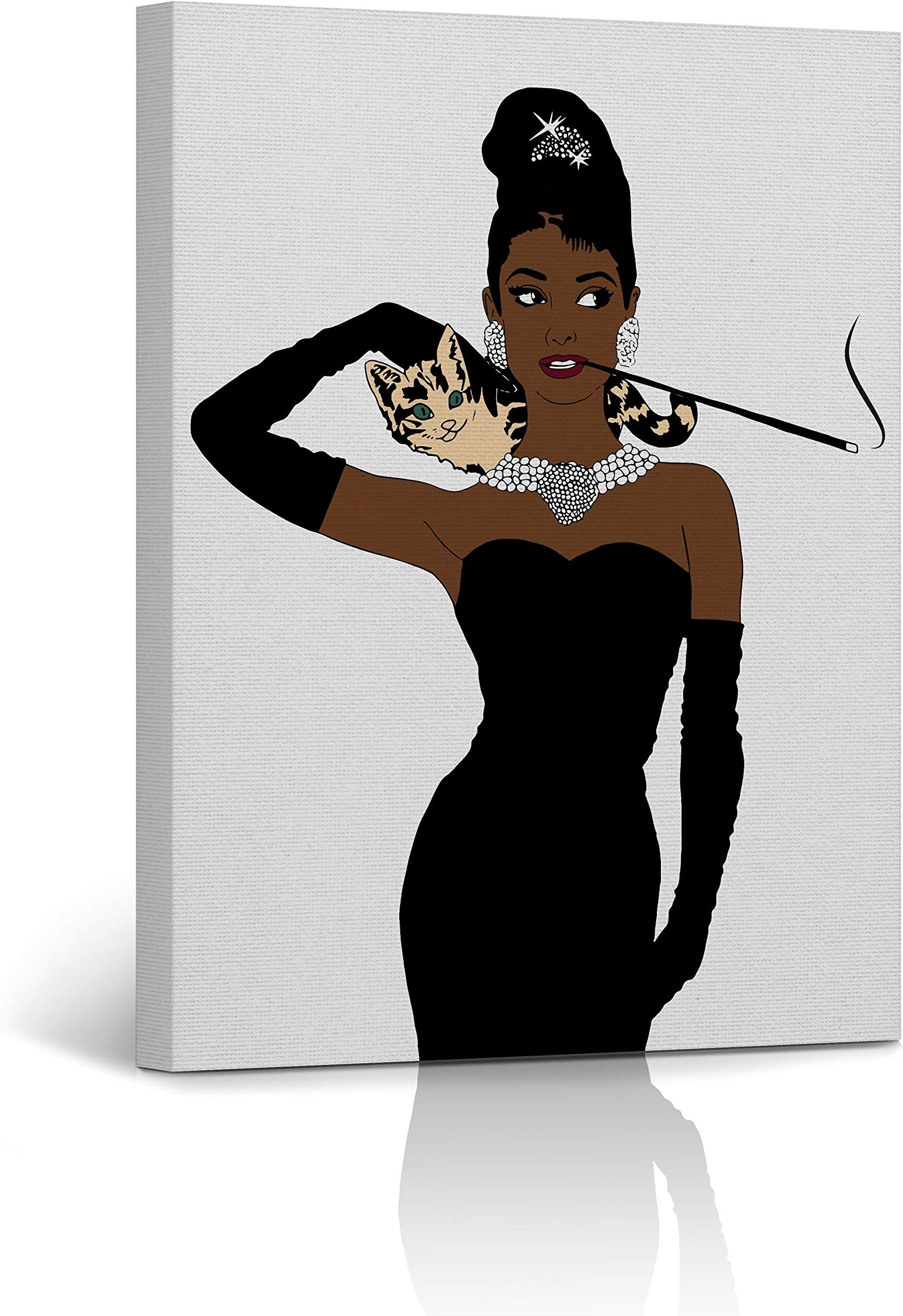 Audrey Hepburn Style African American Girl Wall Art Canvas Print Digital Paint Decorative Art Home Decor Artwork Stretched and Framed - Ready to Hang -%100 Handmade in The USA 12x8