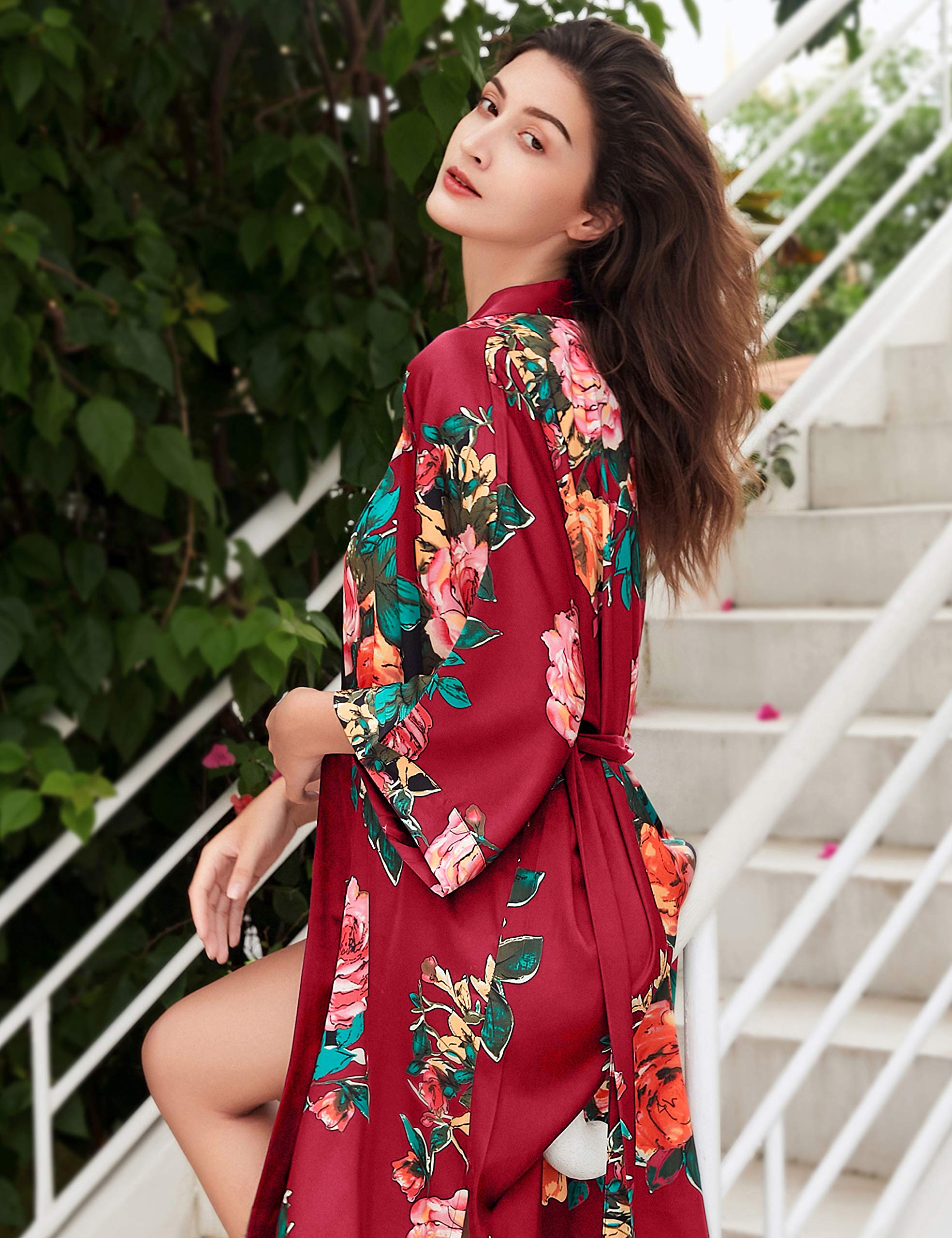 BABEYOND Damski szlafrok poranny maxi długi satynowy lato kimono kwiatowy wzór nadrukowany szlafrok kimono, kardigan damski, długi szlafrok w kwiaty, płaszcz do spania dla dziewcząt, piżama na imprezę