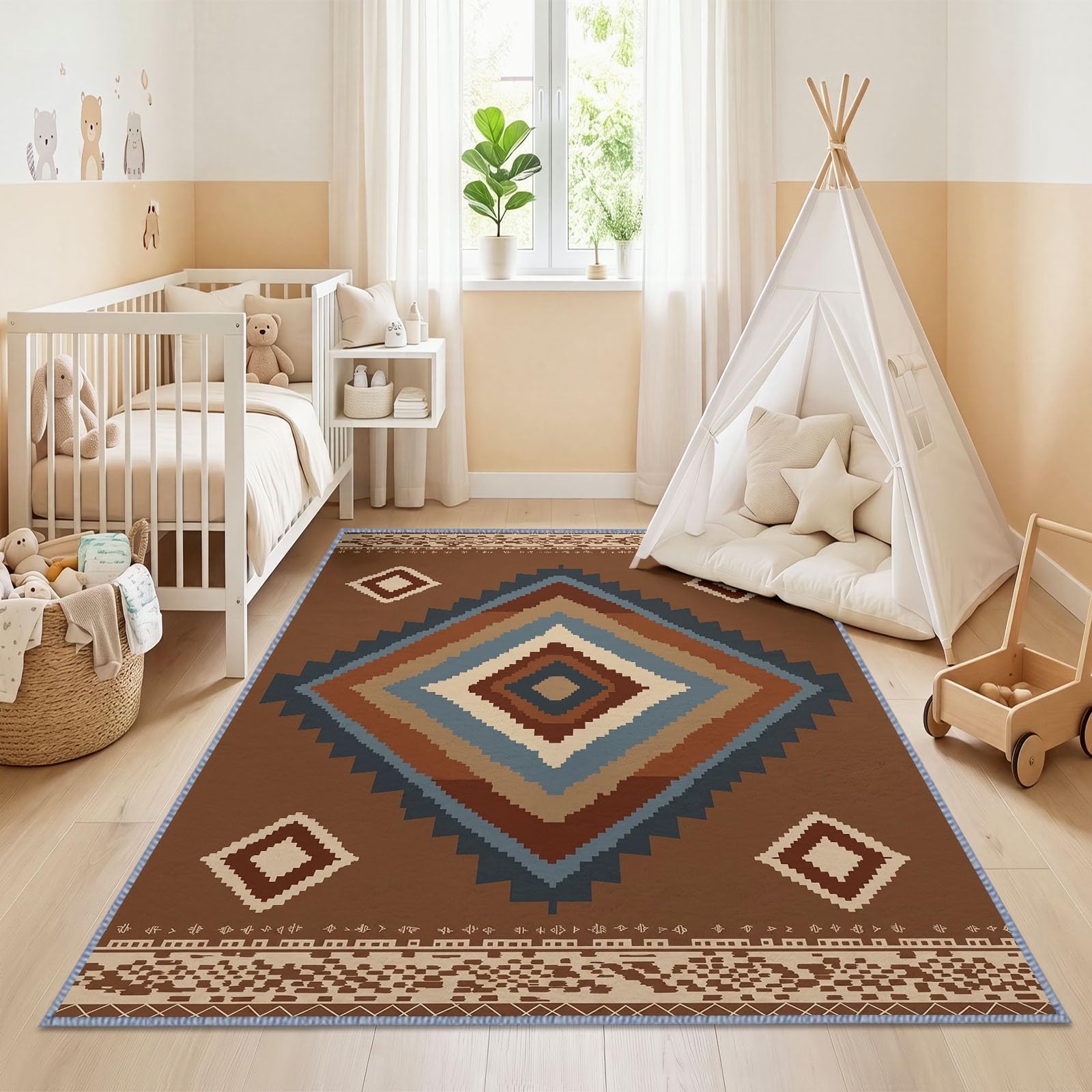 Ethno Waschbarer Teppich 80 x 150 cm, Wohnzimmer Indigen Geometrisch Rautenmuster rutschfest Weich Teppich für Schlafzimmer, Esszimmer, Büro
