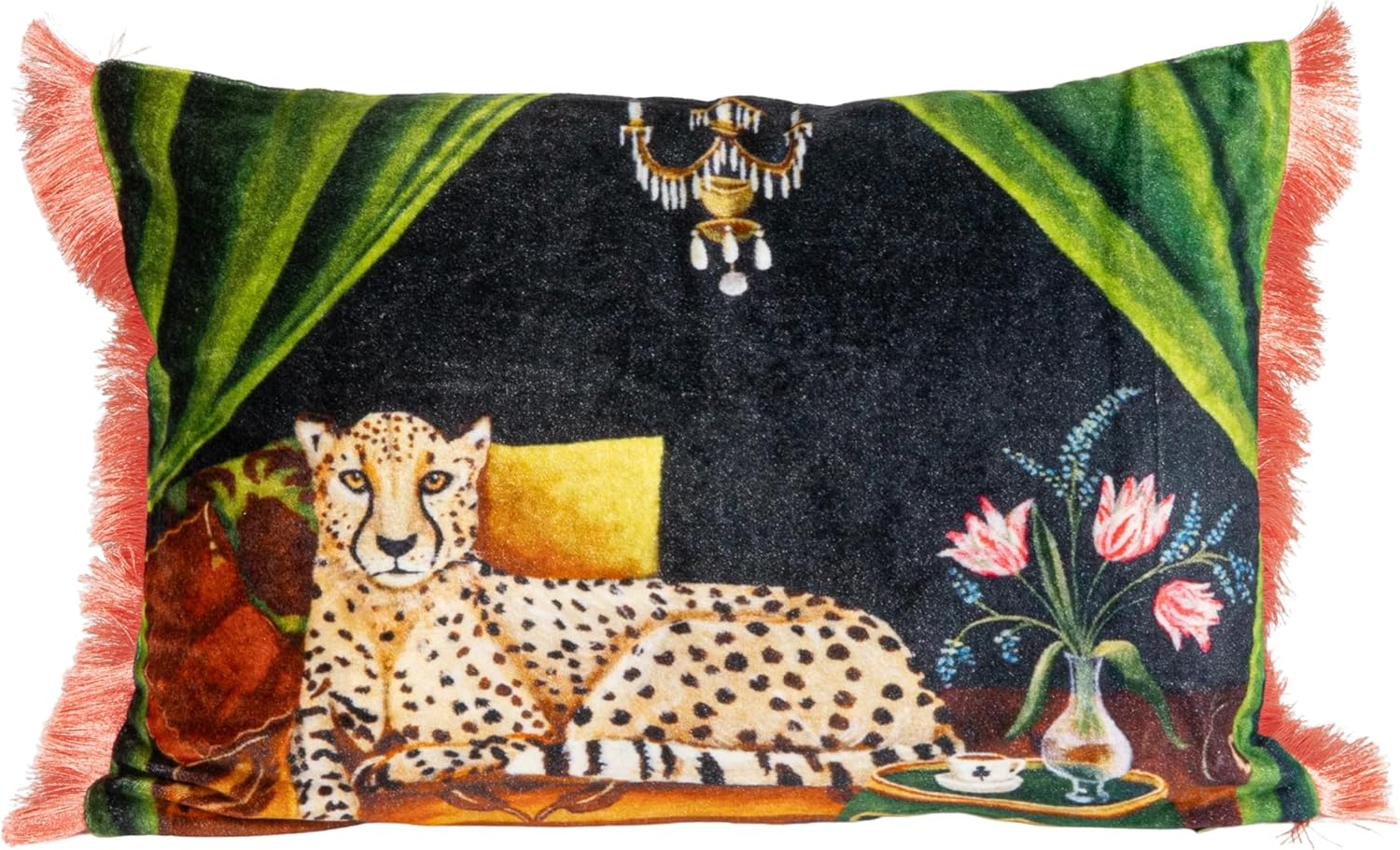 Creative Co-Op Lumbar Cotton Blend Velvet Printed Pillow with Cheetah Image and Eyelash Fringe, Multi Color, Navy
