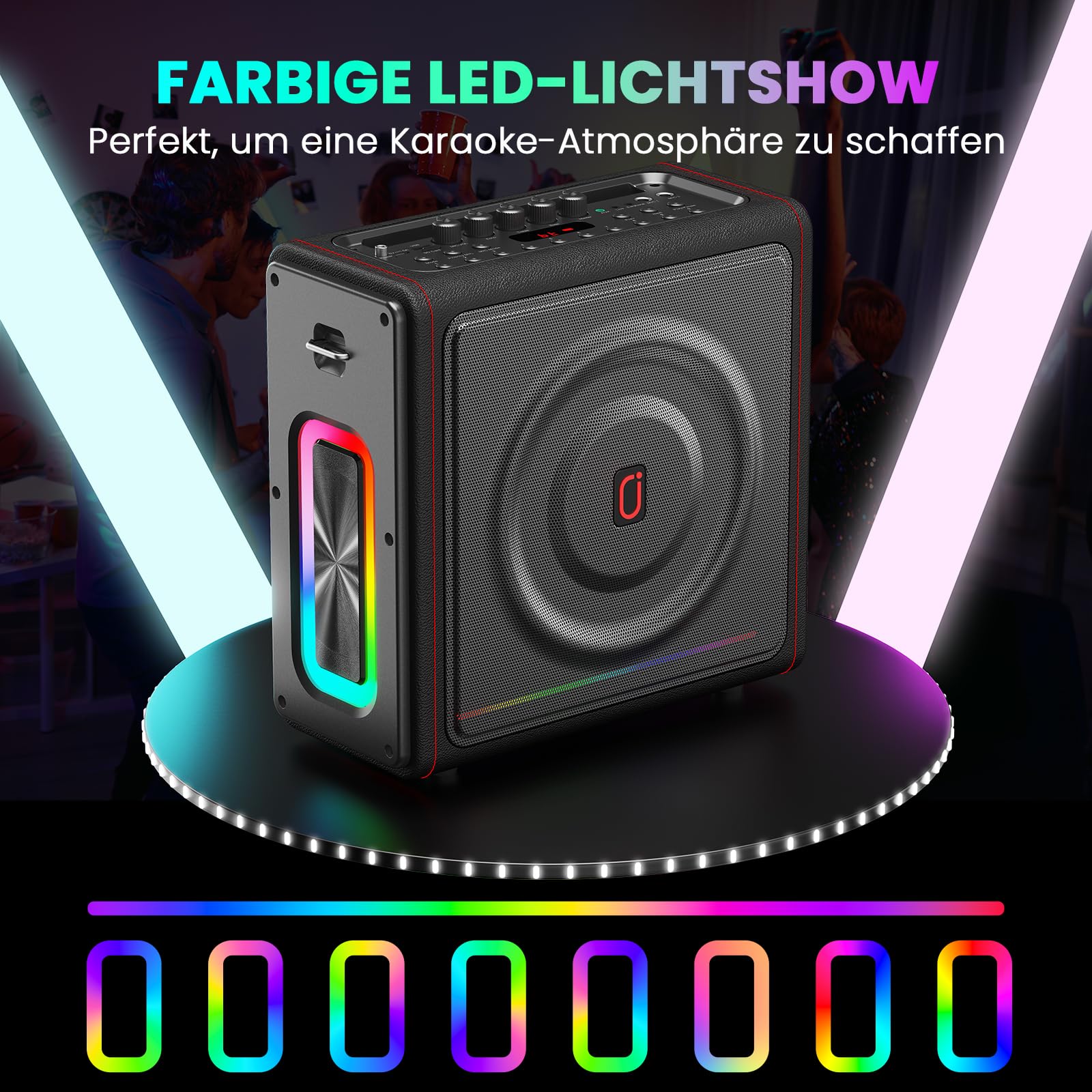 HWWR Karaoke Maschine mit 2 Mikrofone Tragbarer Bluetooth Lautsprecher mit Lichteffekte für Erwachsene/Kinder, Unterstützt TF/USB, FM, Rec, AUX in, TWS für Party