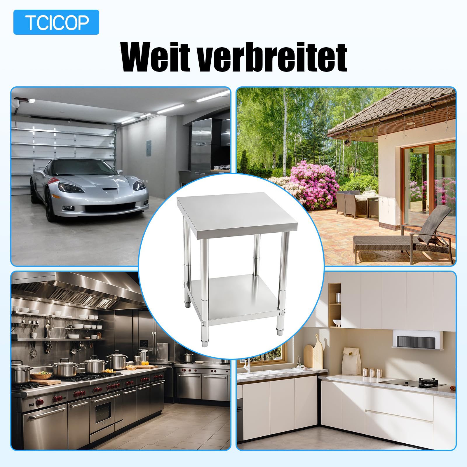 Mesa de trabajo de acero inoxidable, 60 x 60 x 80 cm, mesa de acero inoxidable, capacidad de carga de 400 kg, mesa de trabajo con suela ajustable para cocina, mesa de metal, adecuada para