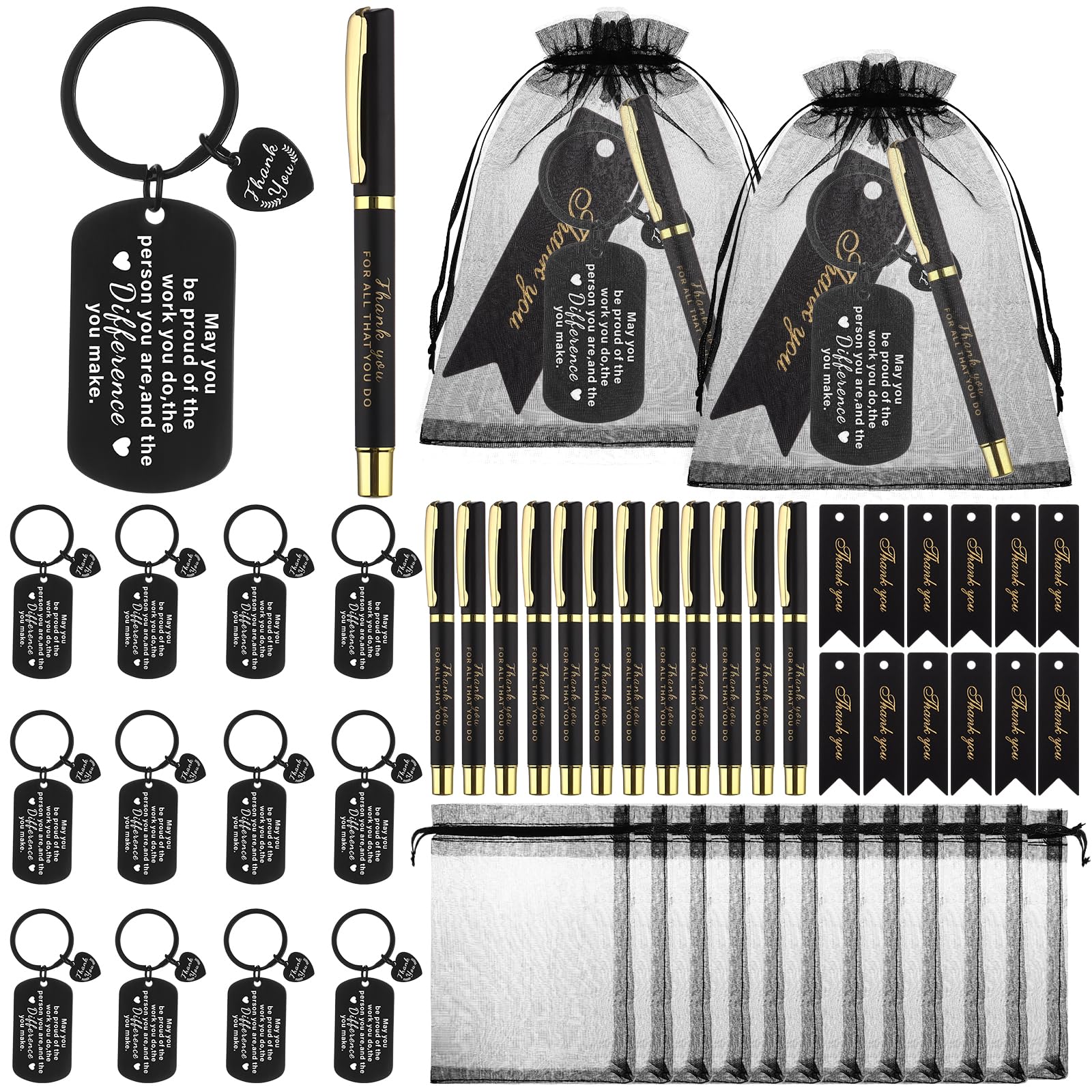 ULELE 48 Pcs Employee Appreciation Gift With Thank You Pens,Black Employee Thank You Cards,Organza Bags,Keychains,Bulk Thank You Gift for Coworkers Staff Teacher Doctor Team Volunteer Social Worker