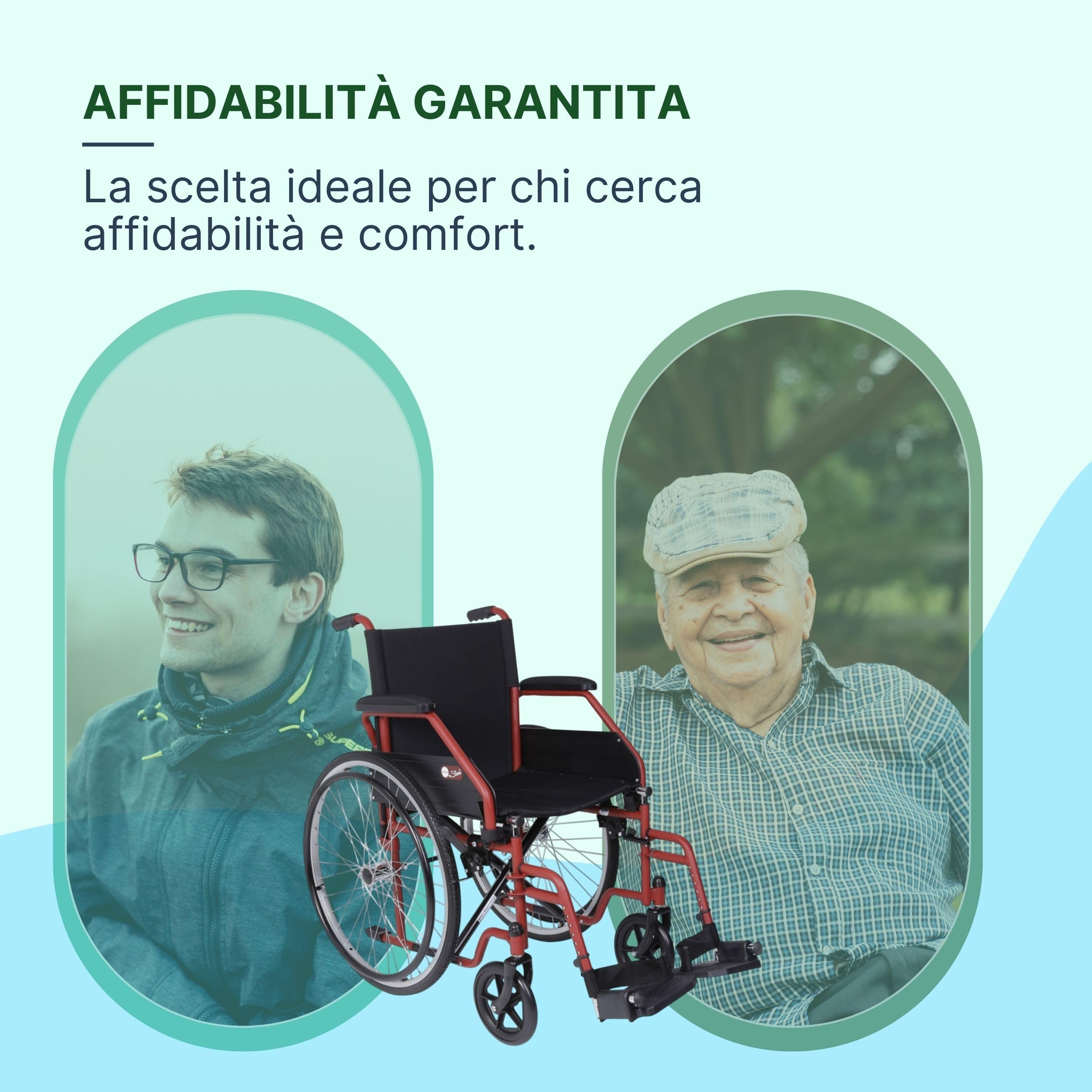 Sedia a Rotelle Pieghevole Leggera ad Autospinta, Carrozzina per Disabili in Acciaio, Portata Massima 120 kg - Seduta 45 cm, Rossa